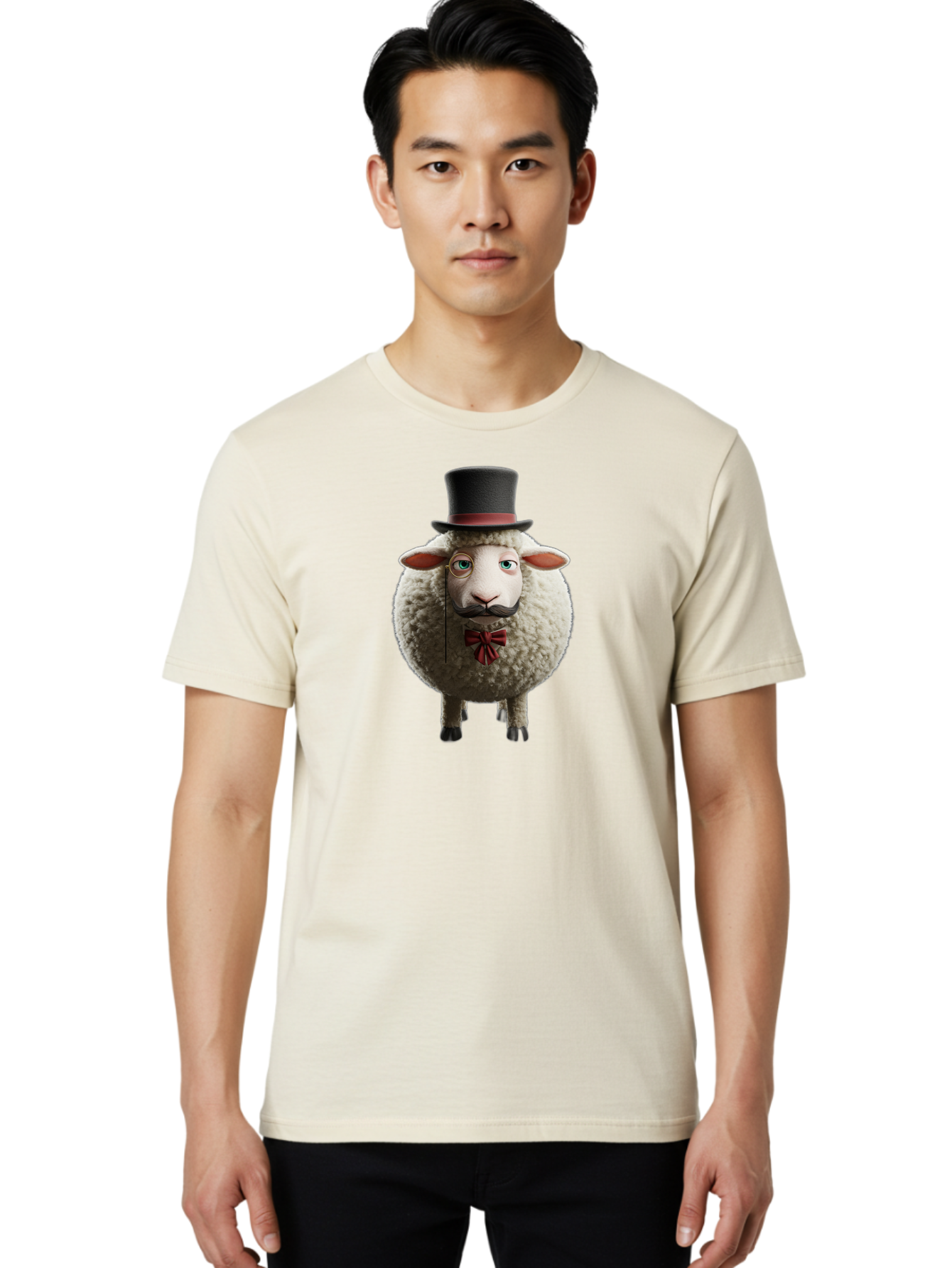 Sheep-In-Top-Hat-1 Men'S Graphic Tee, 100% Cotton, Comfortable Casual Summer Wear, Machine Washable, Sheep In A Top Hat, Cartoon Character, Funny Animal, Red Bow Tie, Black Mustache, Fluffy Sheep, Humorous Illustration, Whimsical Design, Bad552