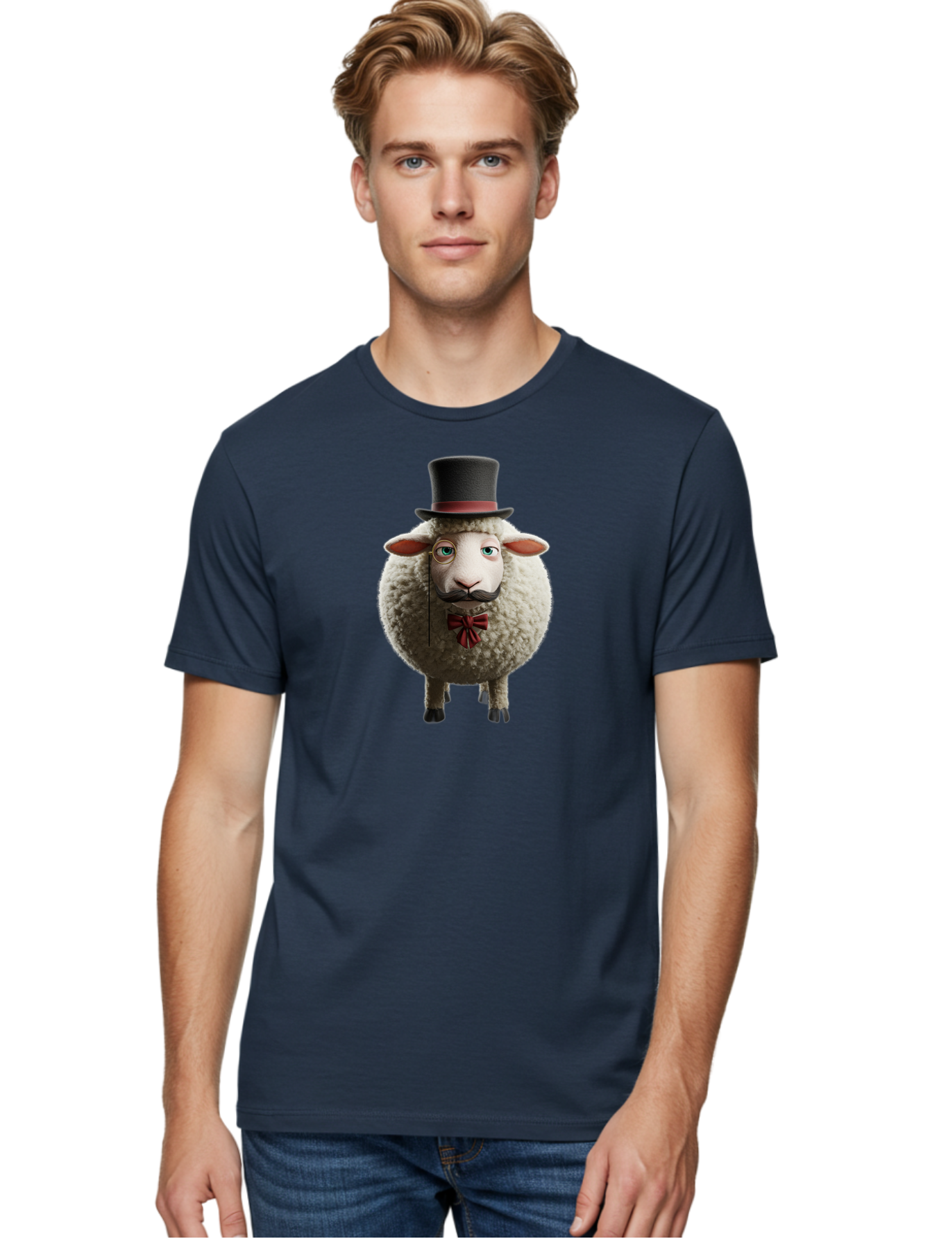 Sheep-In-Top-Hat-1 Men'S Graphic Tee, 100% Cotton, Comfortable Casual Summer Wear, Machine Washable, Sheep In A Top Hat, Cartoon Character, Funny Animal, Red Bow Tie, Black Mustache, Fluffy Sheep, Humorous Illustration, Whimsical Design, Bad552
