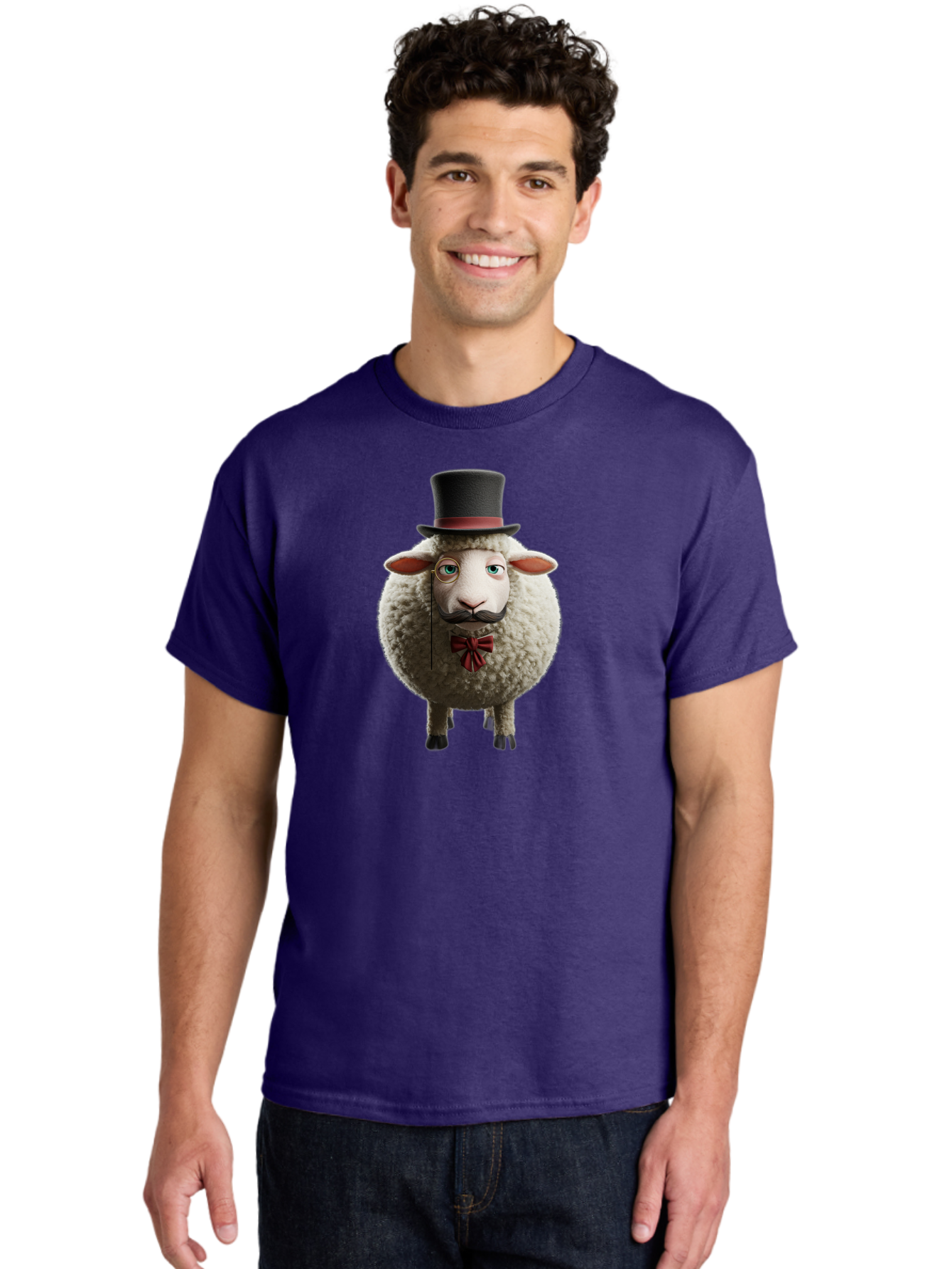Sheep-In-Top-Hat-1 Men'S Graphic Tee, 100% Cotton, Comfortable Casual Summer Wear, Machine Washable, Sheep In A Top Hat, Cartoon Character, Funny Animal, Red Bow Tie, Black Mustache, Fluffy Sheep, Humorous Illustration, Whimsical Design, Bad552