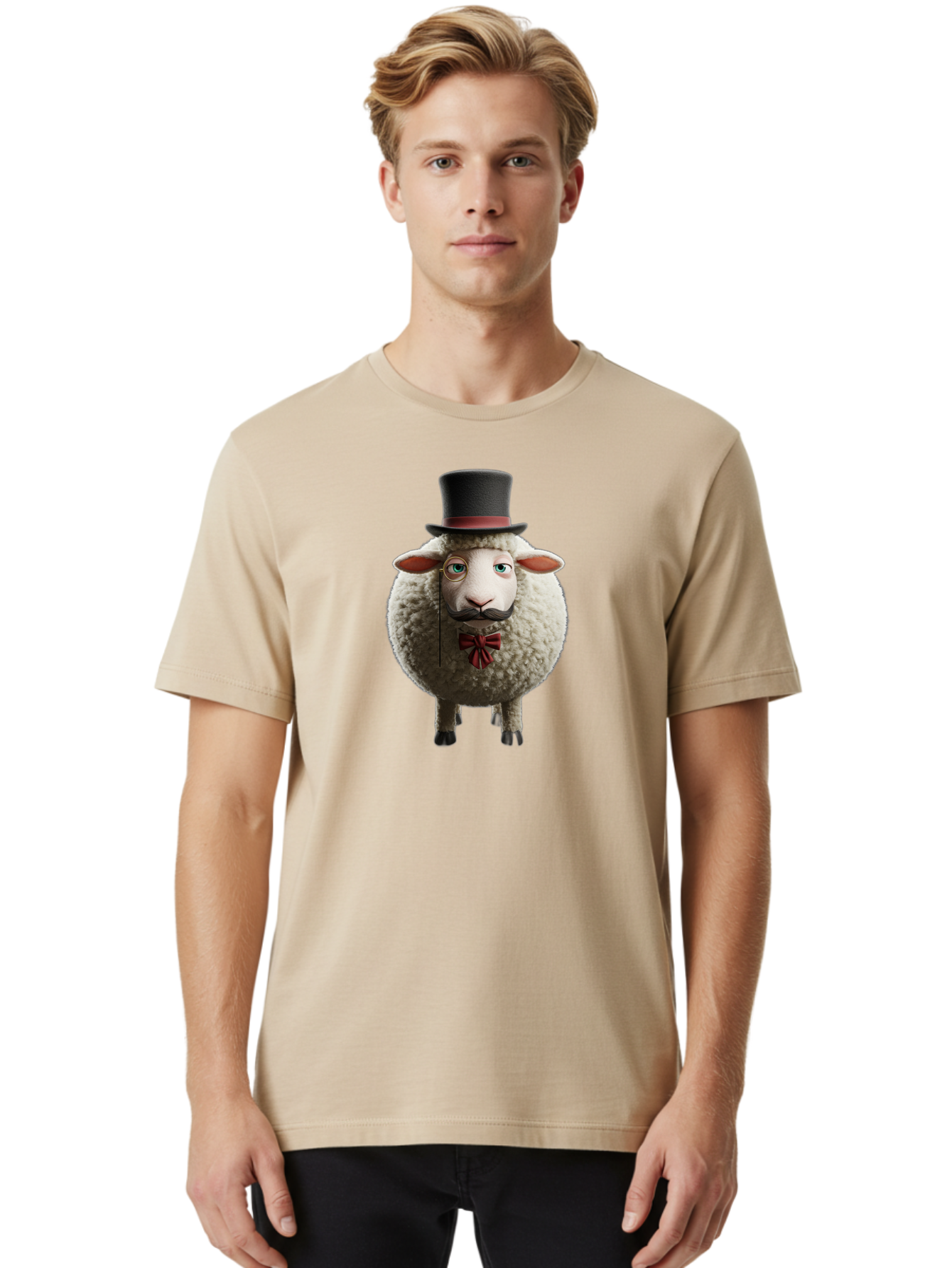Sheep-In-Top-Hat-1 Men'S Graphic Tee, 100% Cotton, Comfortable Casual Summer Wear, Machine Washable, Sheep In A Top Hat, Cartoon Character, Funny Animal, Red Bow Tie, Black Mustache, Fluffy Sheep, Humorous Illustration, Whimsical Design, Bad552