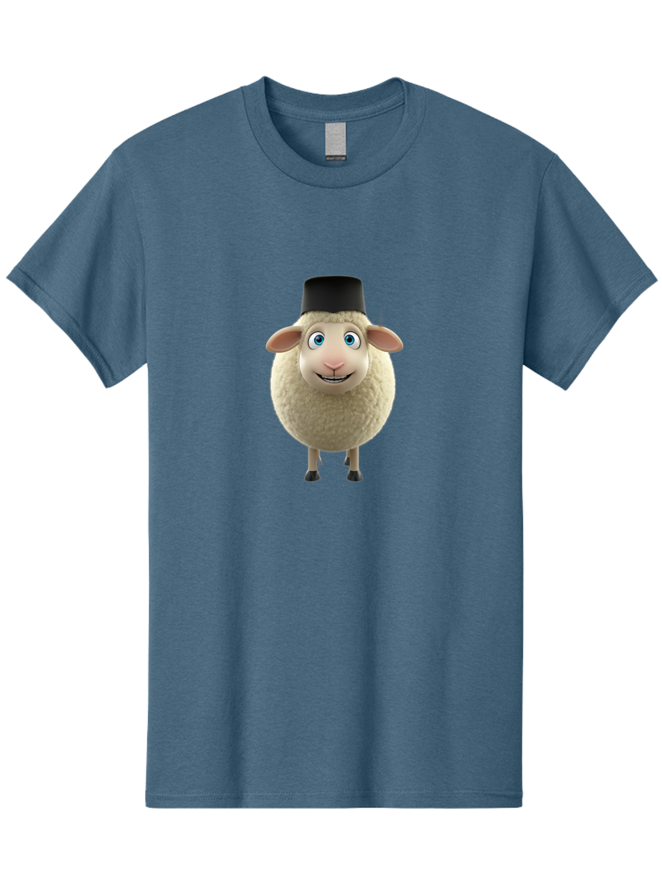 Sheep-In-Top-Hat Men'S Graphic Tee, 100% Cotton, Comfortable Casual Summer Wear, Machine Washable, Cartoon Sheep, White Sheep, Fluffy Sheep, Funny Character, Animated Animal, Lovable Sheep, Sheep Character, Blue Eyes, Black Hat Bad553