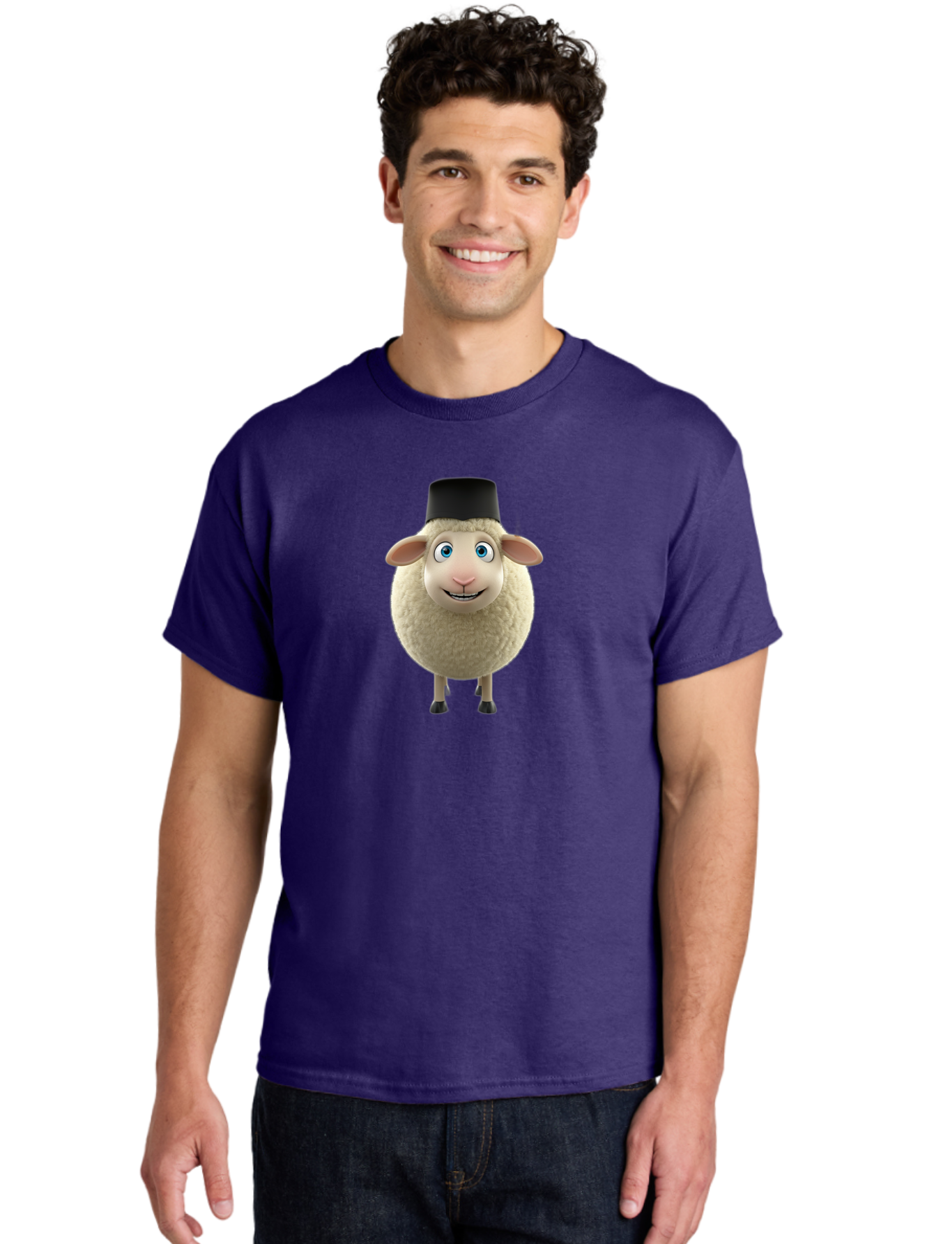 Sheep-In-Top-Hat Men'S Graphic Tee, 100% Cotton, Comfortable Casual Summer Wear, Machine Washable, Cartoon Sheep, White Sheep, Fluffy Sheep, Funny Character, Animated Animal, Lovable Sheep, Sheep Character, Blue Eyes, Black Hat Bad553