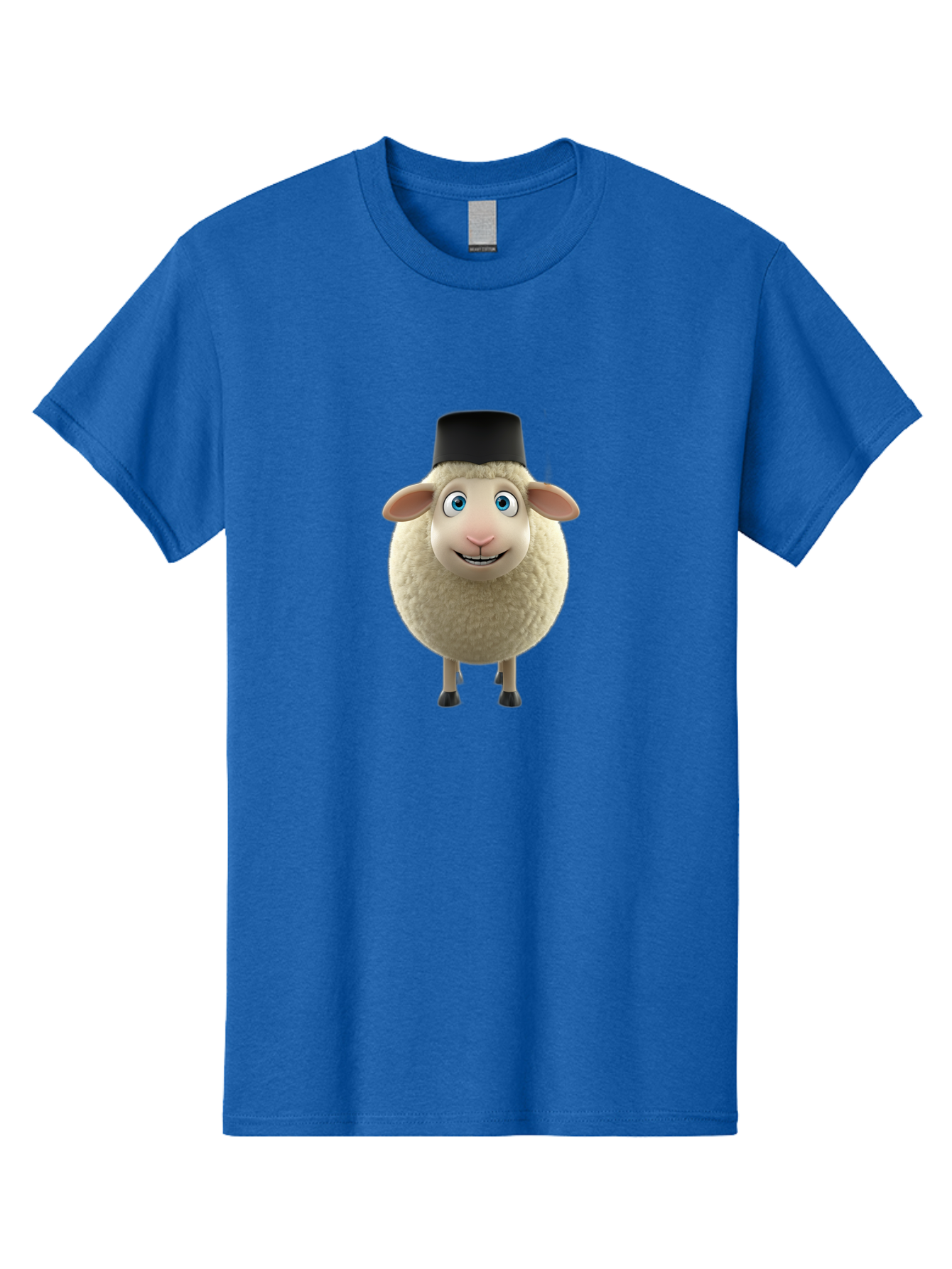 Sheep-In-Top-Hat Men'S Graphic Tee, 100% Cotton, Comfortable Casual Summer Wear, Machine Washable, Cartoon Sheep, White Sheep, Fluffy Sheep, Funny Character, Animated Animal, Lovable Sheep, Sheep Character, Blue Eyes, Black Hat Bad553