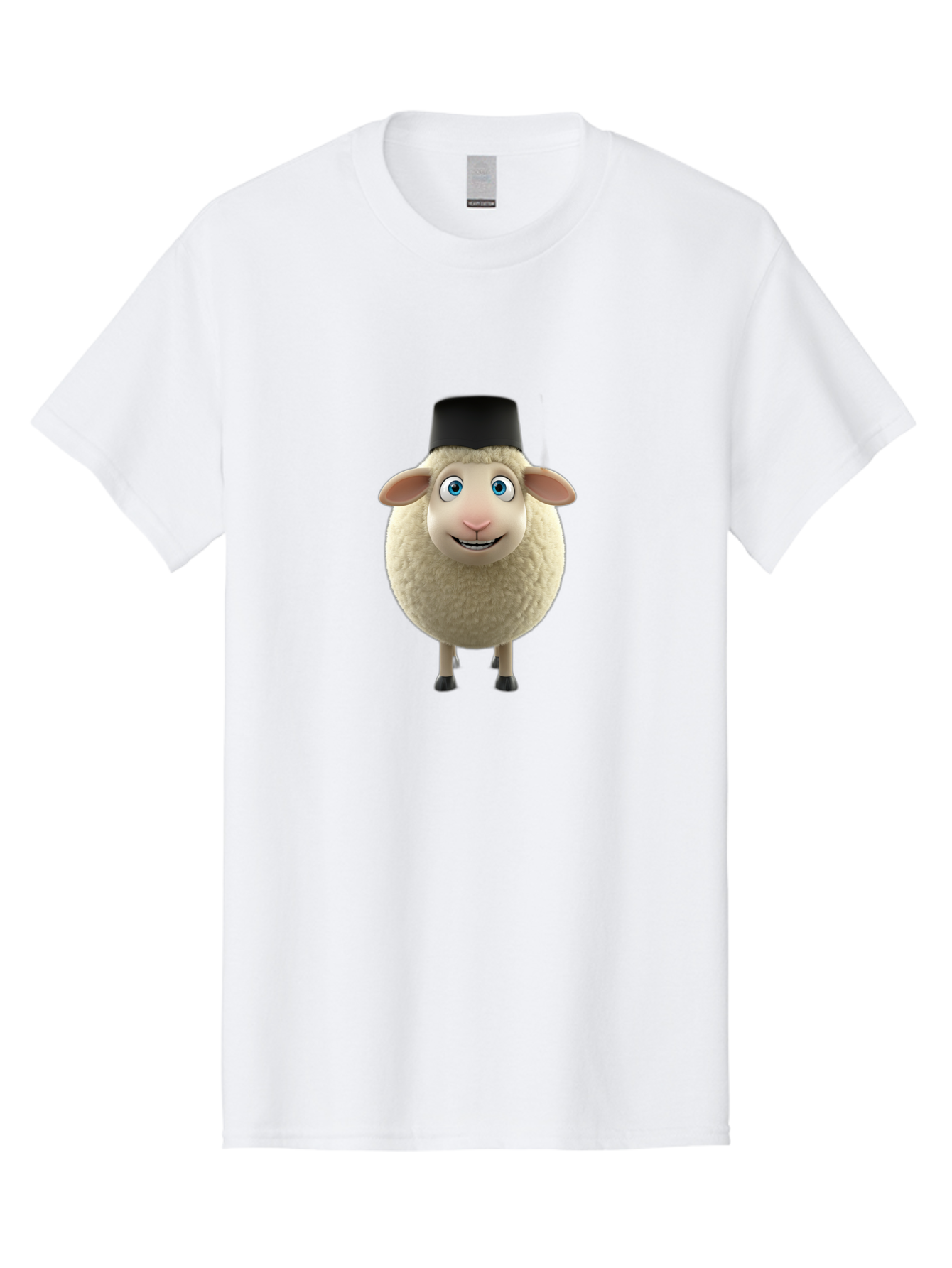 Sheep-In-Top-Hat Men'S Graphic Tee, 100% Cotton, Comfortable Casual Summer Wear, Machine Washable, Cartoon Sheep, White Sheep, Fluffy Sheep, Funny Character, Animated Animal, Lovable Sheep, Sheep Character, Blue Eyes, Black Hat Bad553