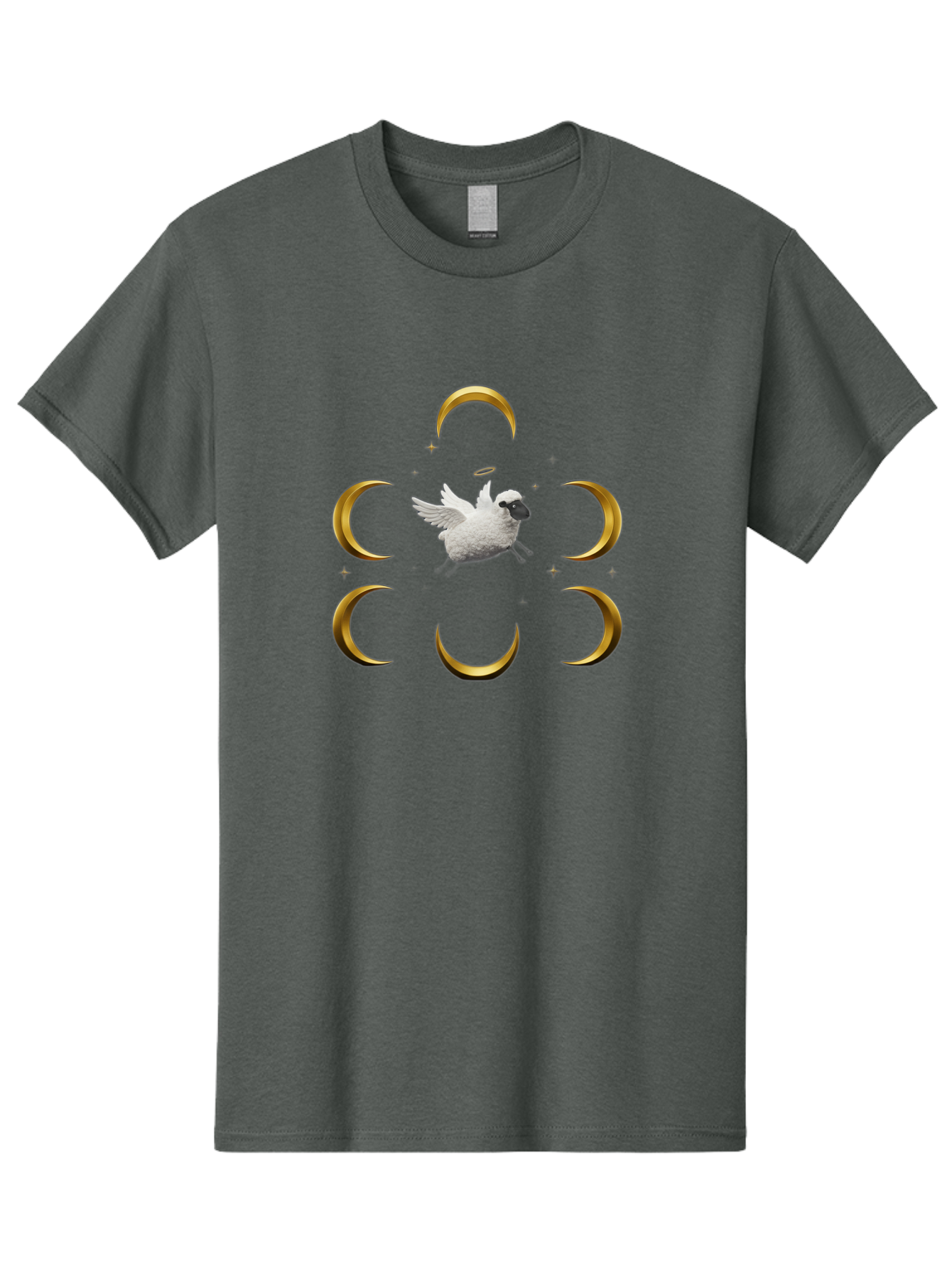 Sheep-Moon Men'S Graphic Tee, 100% Cotton, Comfortable Casual Summer Wear, Machine Washable, White Goose, Flying Goose, Golden Crescent Moons, Mystical Symbols, Spiritual Imagery, Surreal Art, Fantasy Elements, Dreamy Atmosphere, Bad554