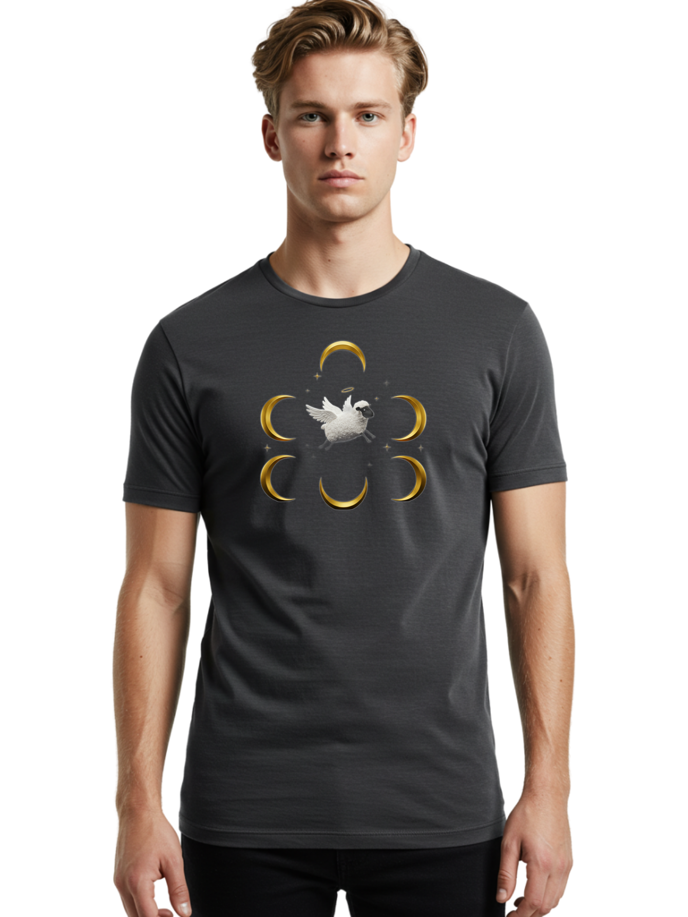 Sheep-Moon Men'S Graphic Tee, 100% Cotton, Comfortable Casual Summer Wear, Machine Washable, White Goose, Flying Goose, Golden Crescent Moons, Mystical Symbols, Spiritual Imagery, Surreal Art, Fantasy Elements, Dreamy Atmosphere, Bad554