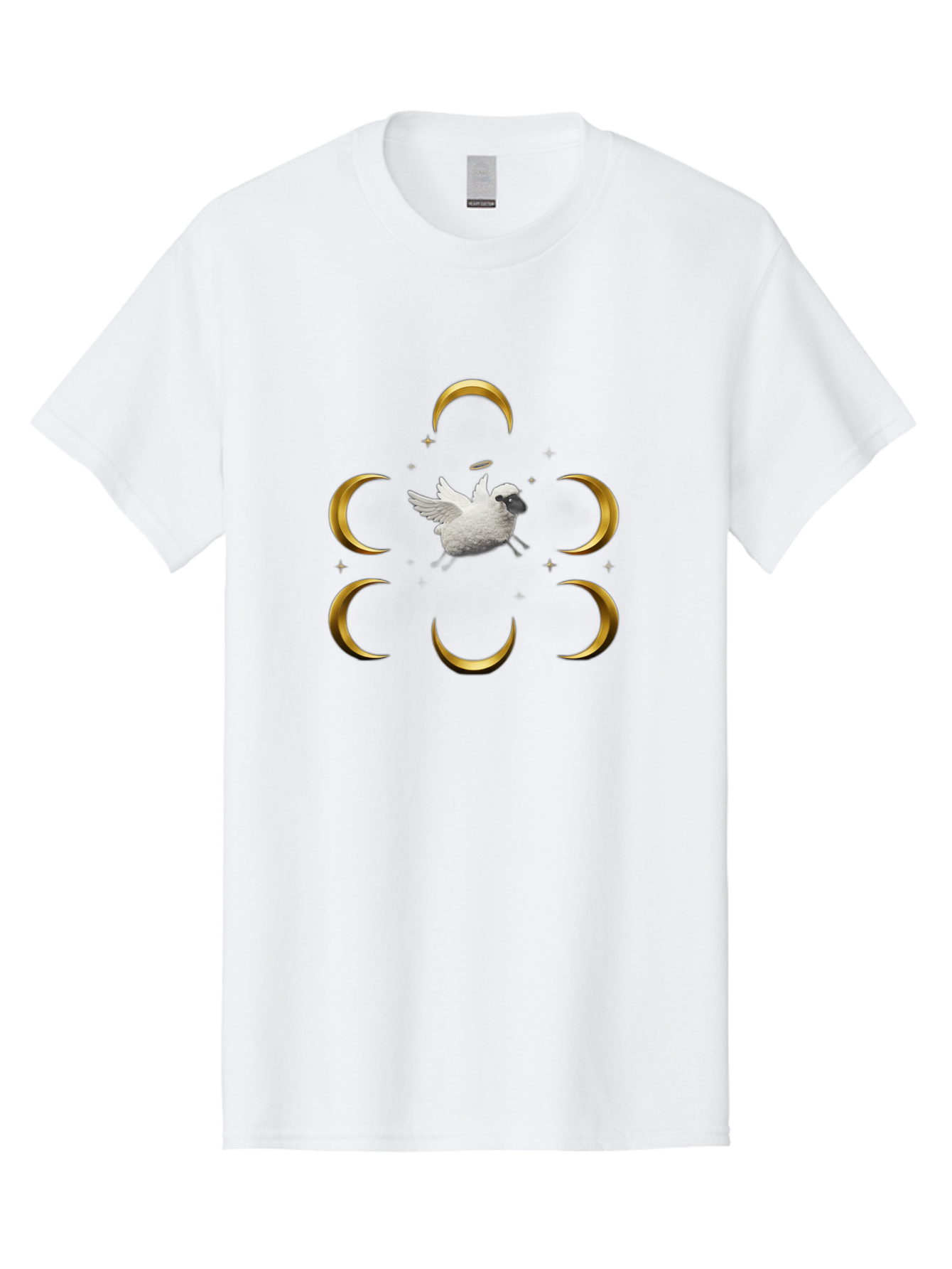 Sheep-Moon Men'S Graphic Tee, 100% Cotton, Comfortable Casual Summer Wear, Machine Washable, White Goose, Flying Goose, Golden Crescent Moons, Mystical Symbols, Spiritual Imagery, Surreal Art, Fantasy Elements, Dreamy Atmosphere, Bad554