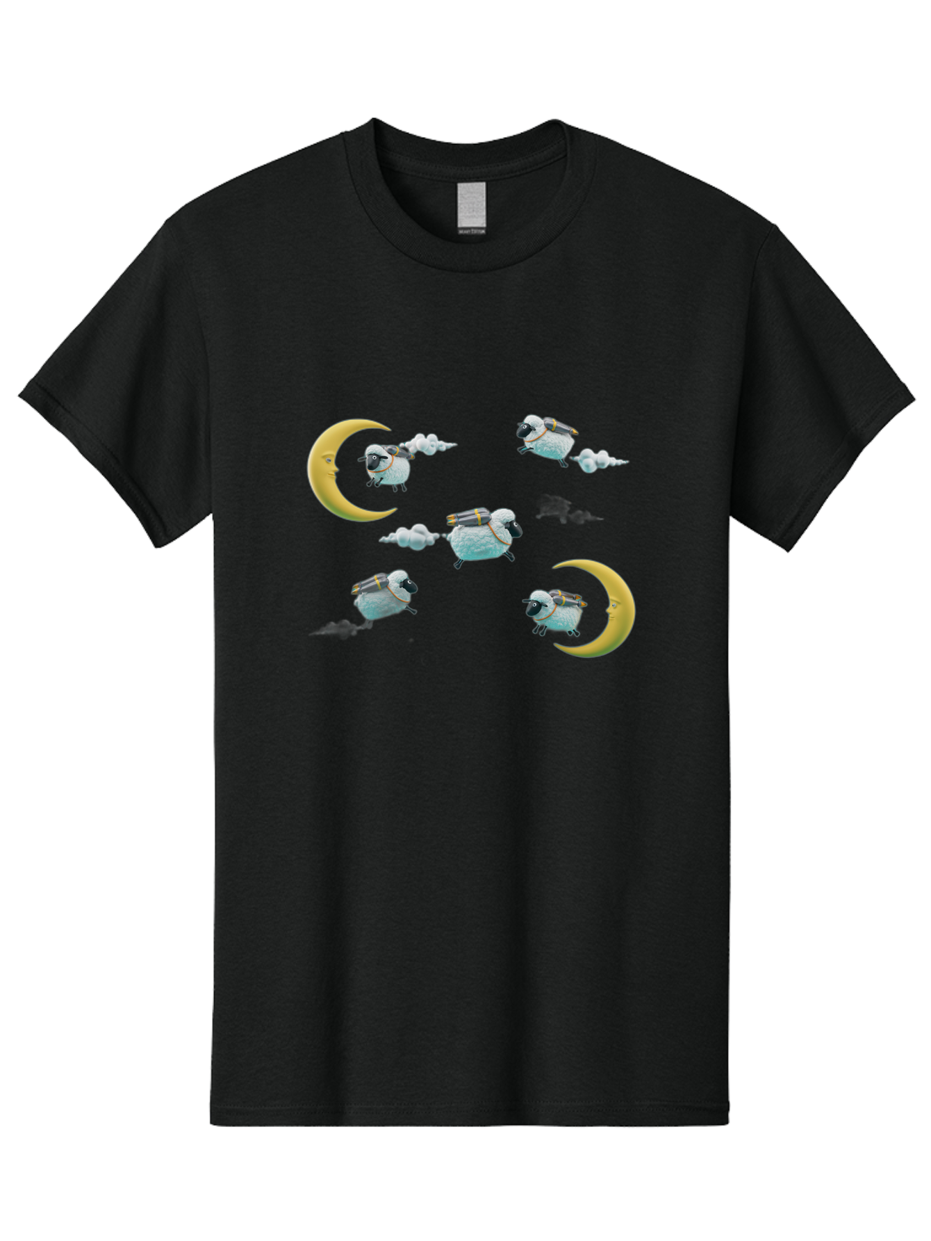 Sheep-On-Crescent-Moon-1 Men'S Graphic Tee, 100% Cotton, Comfortable Casual Summer Wear, Machine Washable, Sheep Flying On Clouds, Crescent Moon, Drums, Fun, Quirky, Cartoon Style, Fantasy Creatures, Playful Design, Dreamy Atmosphere, Bad555