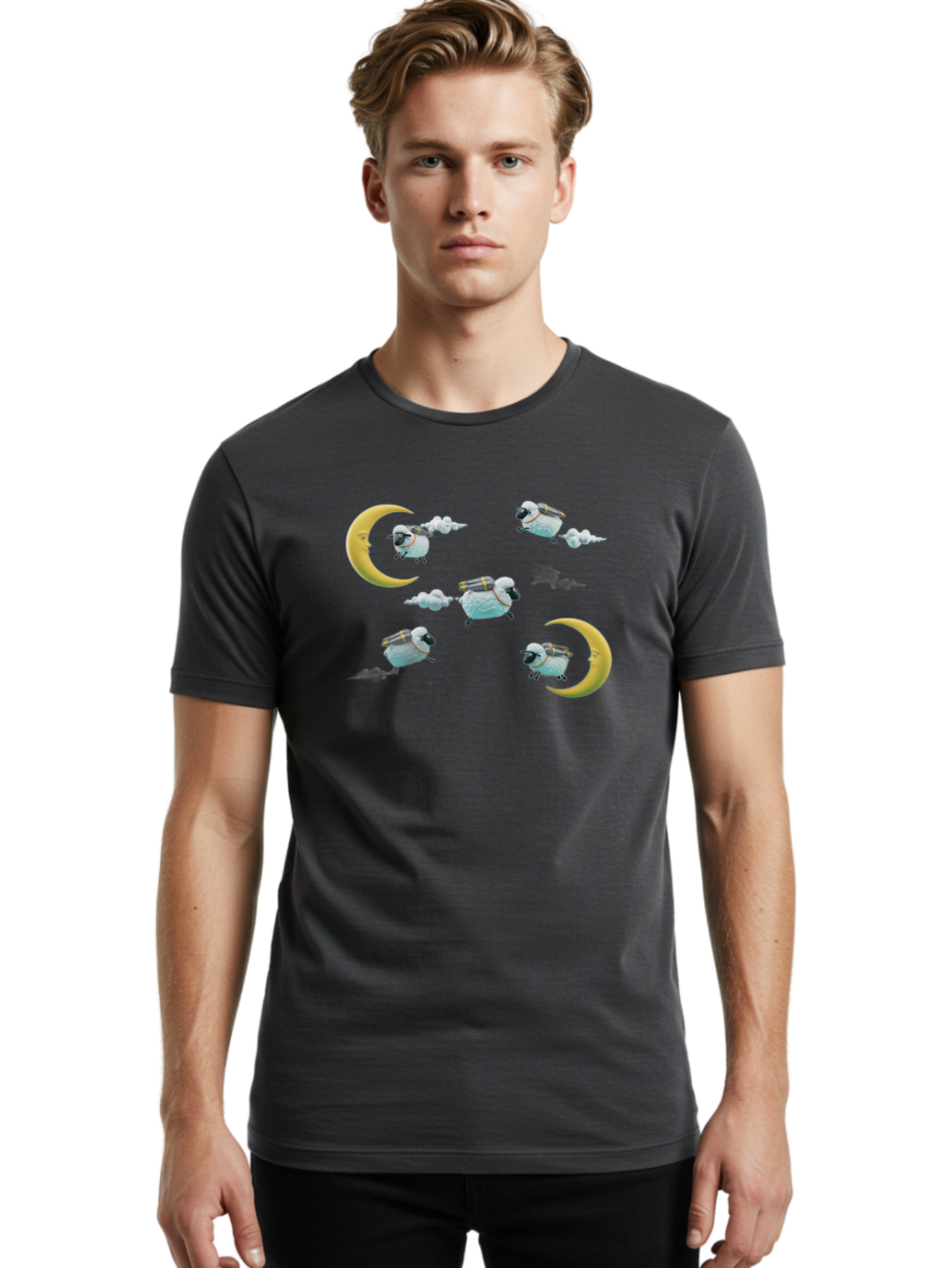 Sheep-On-Crescent-Moon-1 Men'S Graphic Tee, 100% Cotton, Comfortable Casual Summer Wear, Machine Washable, Sheep Flying On Clouds, Crescent Moon, Drums, Fun, Quirky, Cartoon Style, Fantasy Creatures, Playful Design, Dreamy Atmosphere, Bad555