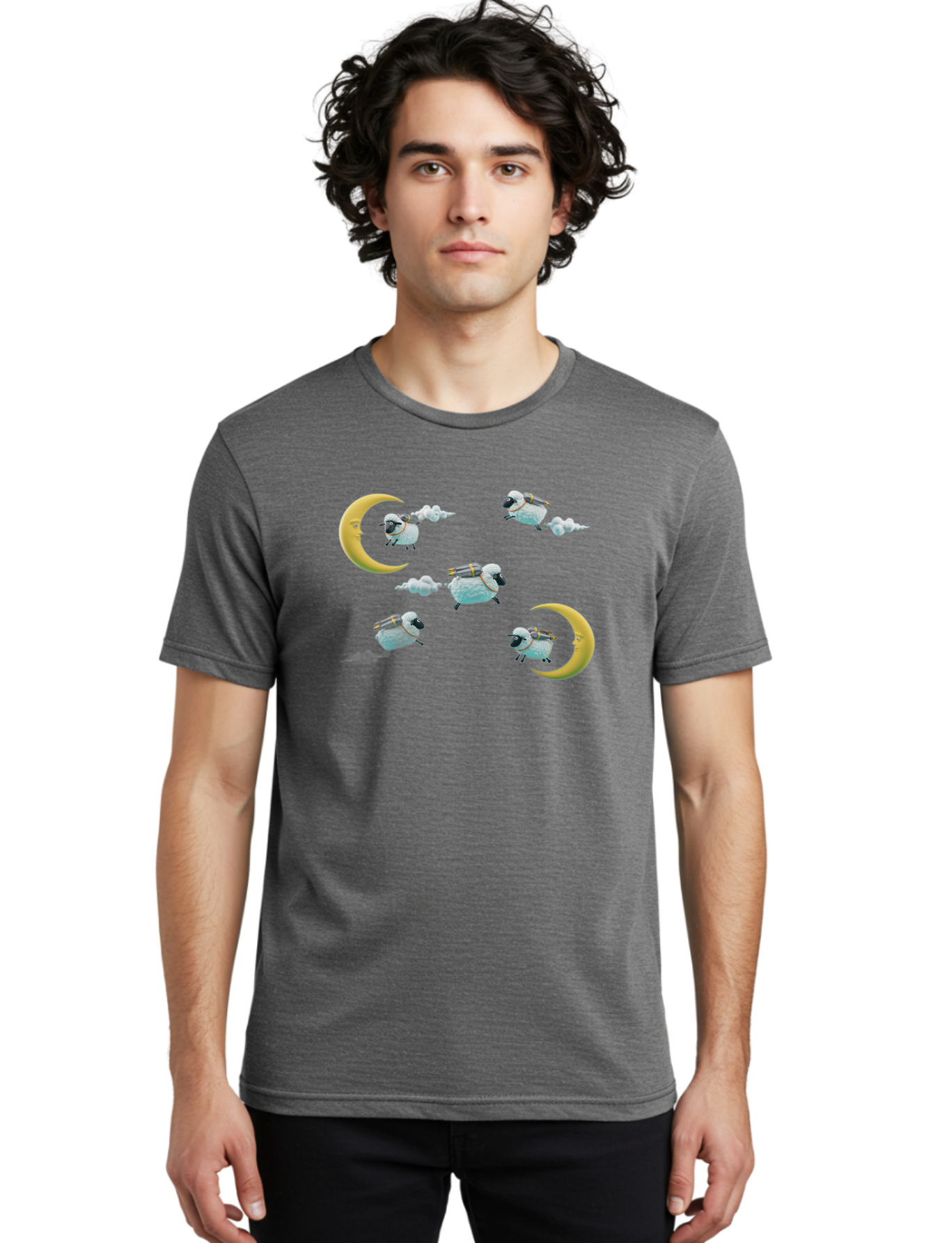 Sheep-On-Crescent-Moon-1 Men'S Graphic Tee, 100% Cotton, Comfortable Casual Summer Wear, Machine Washable, Sheep Flying On Clouds, Crescent Moon, Drums, Fun, Quirky, Cartoon Style, Fantasy Creatures, Playful Design, Dreamy Atmosphere, Bad555