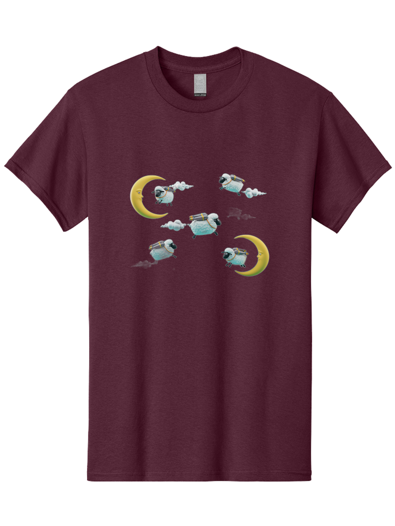 Sheep-On-Crescent-Moon-1 Men'S Graphic Tee, 100% Cotton, Comfortable Casual Summer Wear, Machine Washable, Sheep Flying On Clouds, Crescent Moon, Drums, Fun, Quirky, Cartoon Style, Fantasy Creatures, Playful Design, Dreamy Atmosphere, Bad555