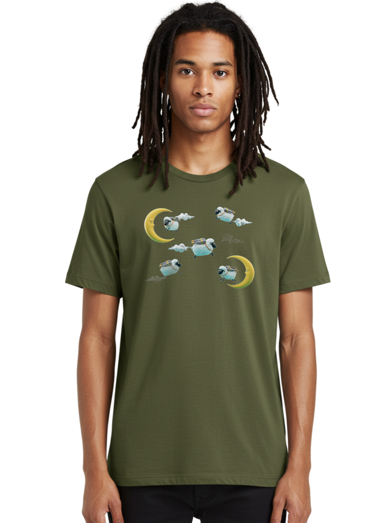 Sheep-On-Crescent-Moon-1 Men'S Graphic Tee, 100% Cotton, Comfortable Casual Summer Wear, Machine Washable, Sheep Flying On Clouds, Crescent Moon, Drums, Fun, Quirky, Cartoon Style, Fantasy Creatures, Playful Design, Dreamy Atmosphere, Bad555