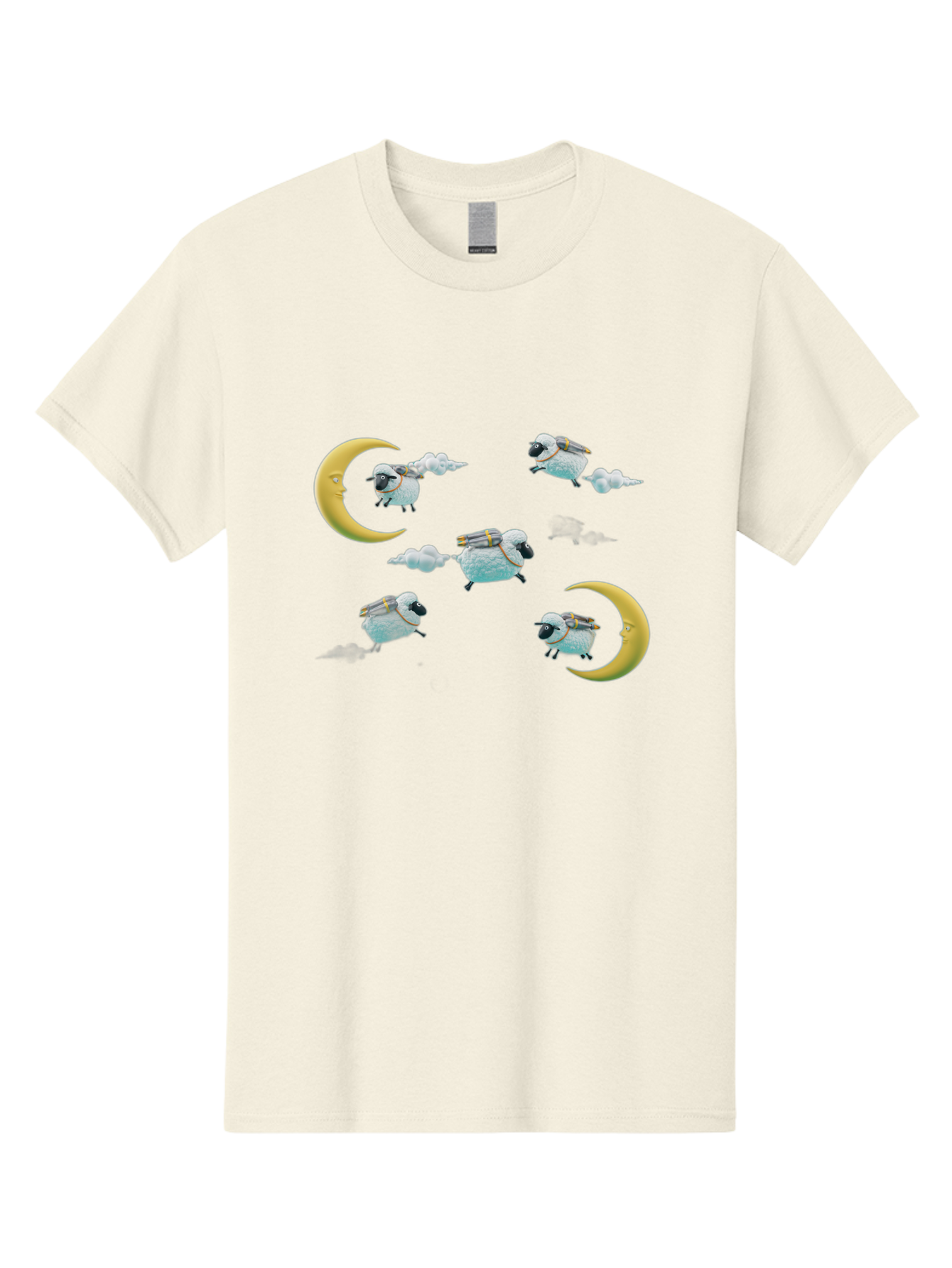 Sheep-On-Crescent-Moon-1 Men'S Graphic Tee, 100% Cotton, Comfortable Casual Summer Wear, Machine Washable, Sheep Flying On Clouds, Crescent Moon, Drums, Fun, Quirky, Cartoon Style, Fantasy Creatures, Playful Design, Dreamy Atmosphere, Bad555
