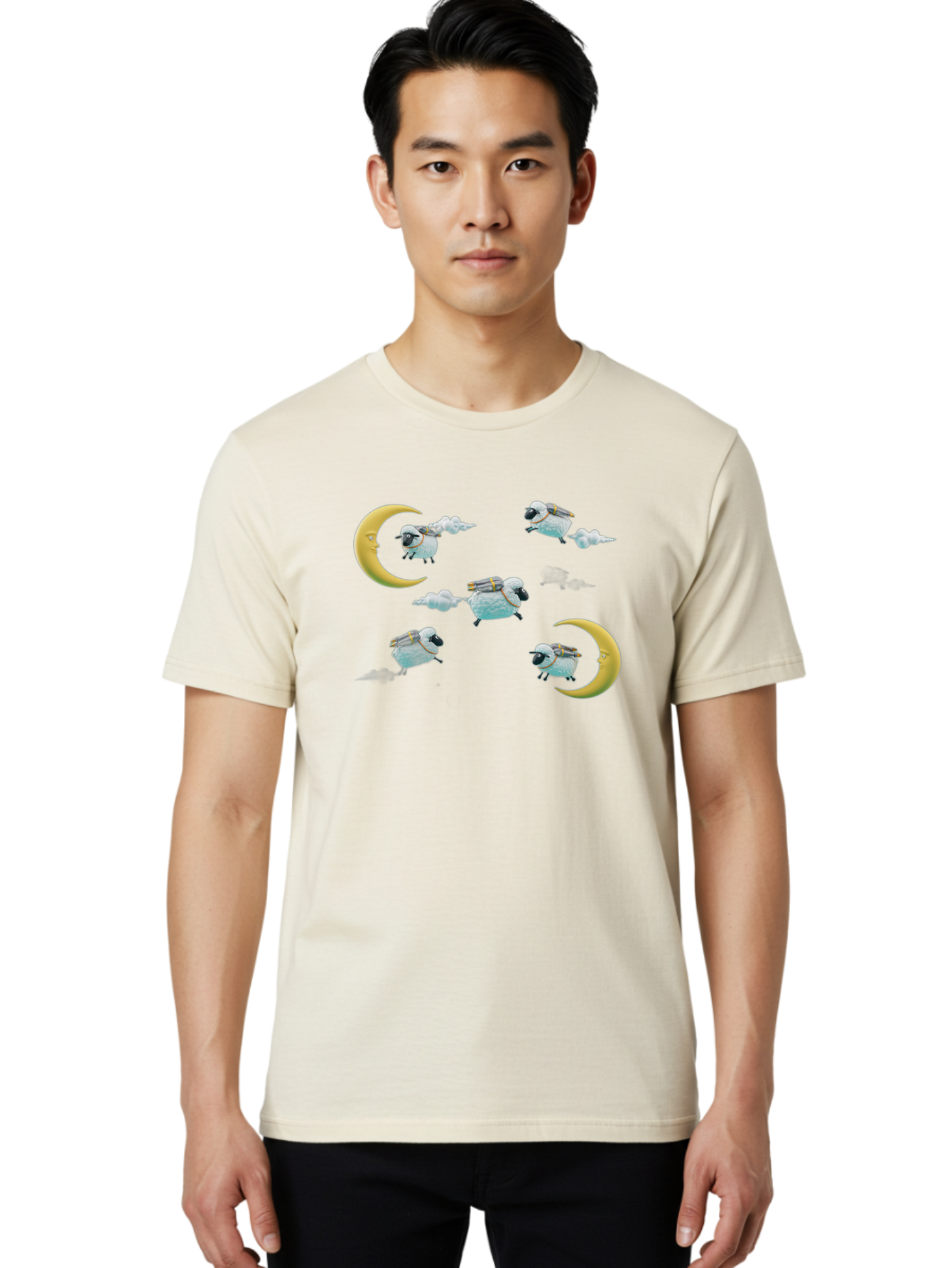 Sheep-On-Crescent-Moon-1 Men'S Graphic Tee, 100% Cotton, Comfortable Casual Summer Wear, Machine Washable, Sheep Flying On Clouds, Crescent Moon, Drums, Fun, Quirky, Cartoon Style, Fantasy Creatures, Playful Design, Dreamy Atmosphere, Bad555