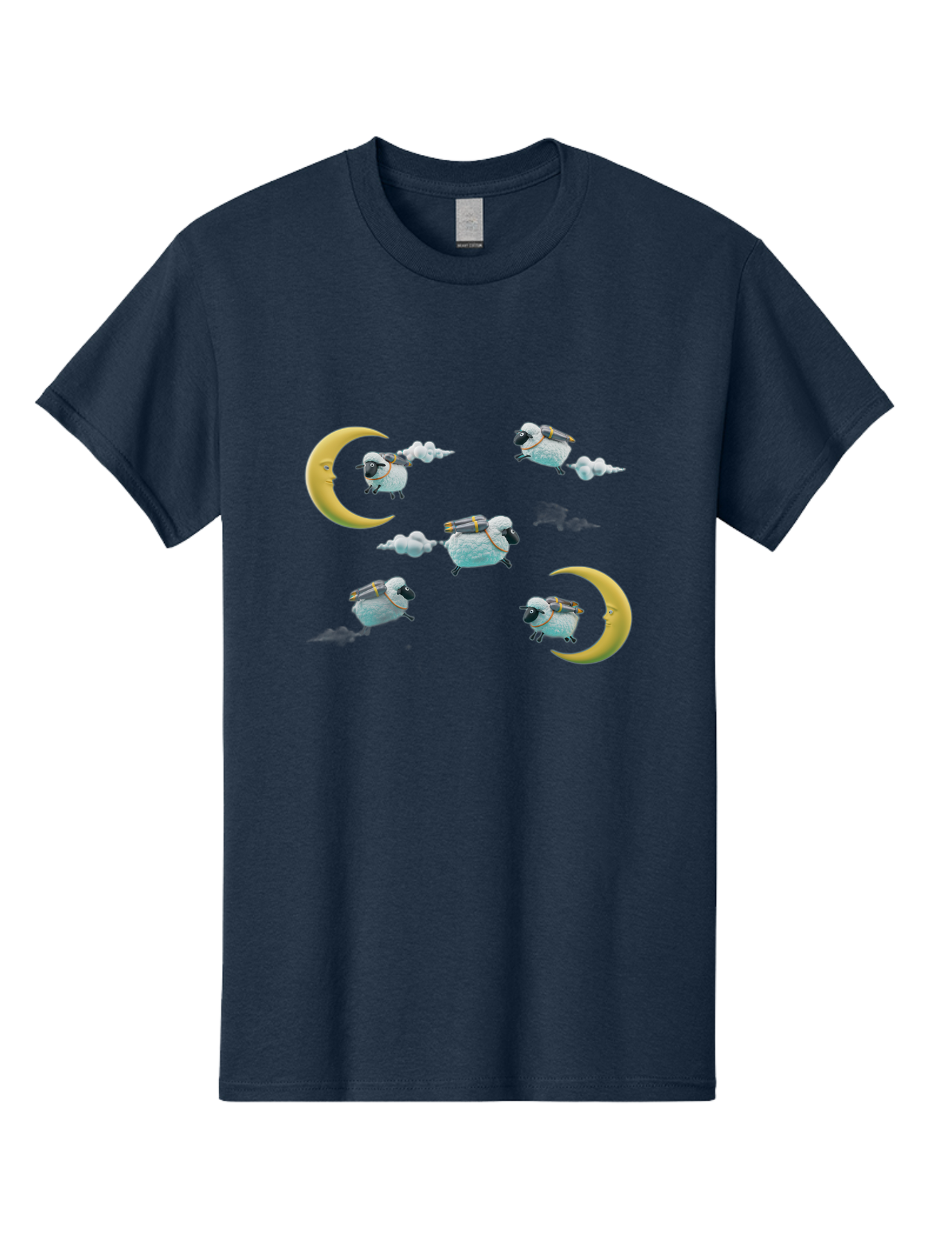 Sheep-On-Crescent-Moon-1 Men'S Graphic Tee, 100% Cotton, Comfortable Casual Summer Wear, Machine Washable, Sheep Flying On Clouds, Crescent Moon, Drums, Fun, Quirky, Cartoon Style, Fantasy Creatures, Playful Design, Dreamy Atmosphere, Bad555