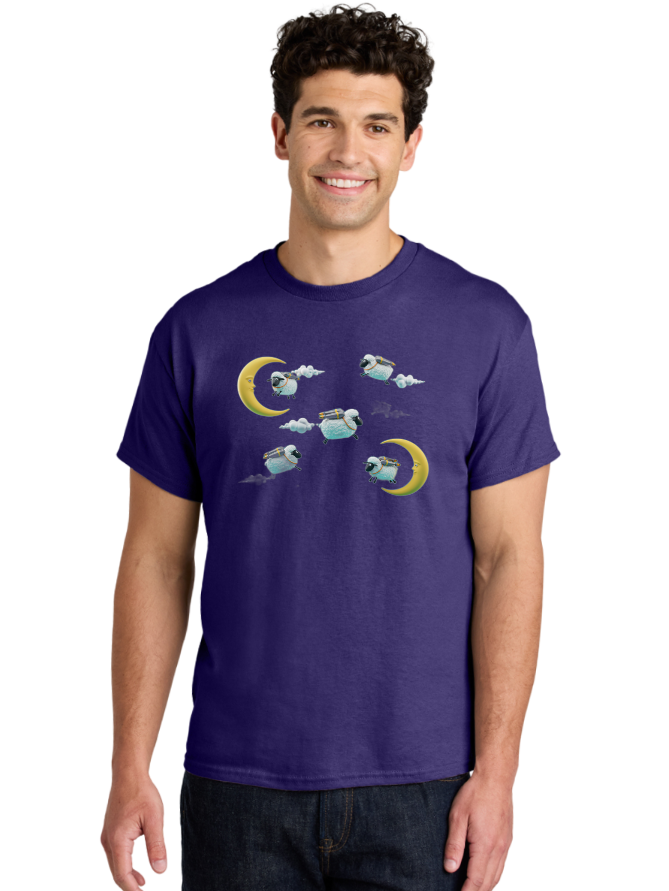 Sheep-On-Crescent-Moon-1 Men'S Graphic Tee, 100% Cotton, Comfortable Casual Summer Wear, Machine Washable, Sheep Flying On Clouds, Crescent Moon, Drums, Fun, Quirky, Cartoon Style, Fantasy Creatures, Playful Design, Dreamy Atmosphere, Bad555