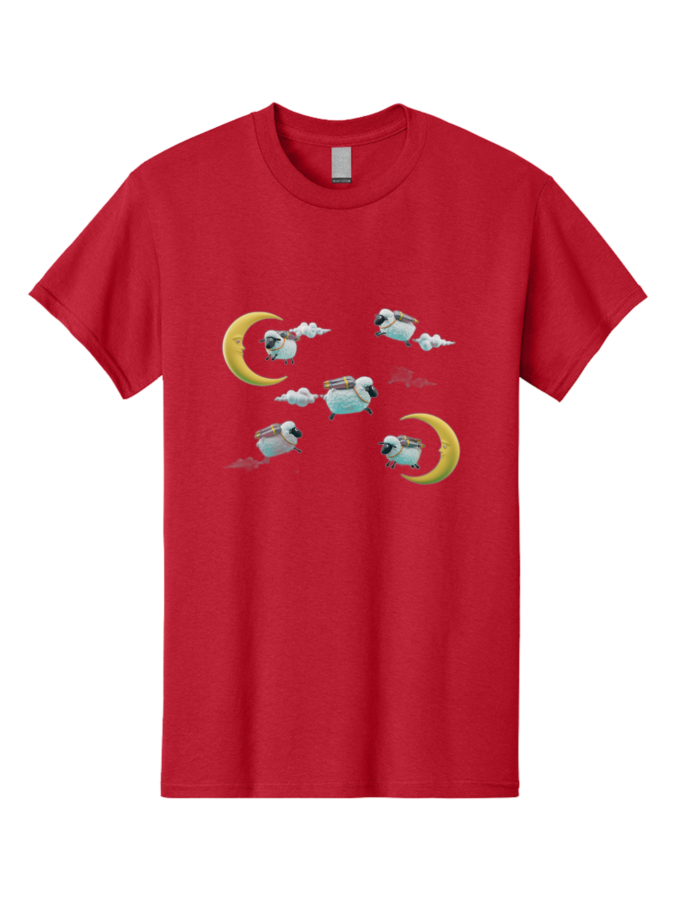 Sheep-On-Crescent-Moon-1 Men'S Graphic Tee, 100% Cotton, Comfortable Casual Summer Wear, Machine Washable, Sheep Flying On Clouds, Crescent Moon, Drums, Fun, Quirky, Cartoon Style, Fantasy Creatures, Playful Design, Dreamy Atmosphere, Bad555