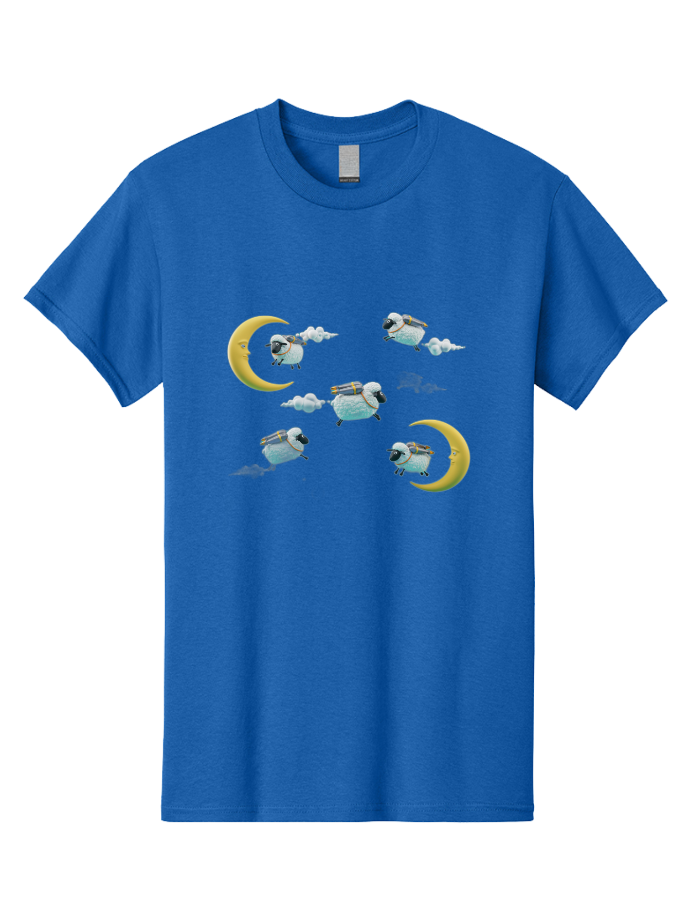 Sheep-On-Crescent-Moon-1 Men'S Graphic Tee, 100% Cotton, Comfortable Casual Summer Wear, Machine Washable, Sheep Flying On Clouds, Crescent Moon, Drums, Fun, Quirky, Cartoon Style, Fantasy Creatures, Playful Design, Dreamy Atmosphere, Bad555