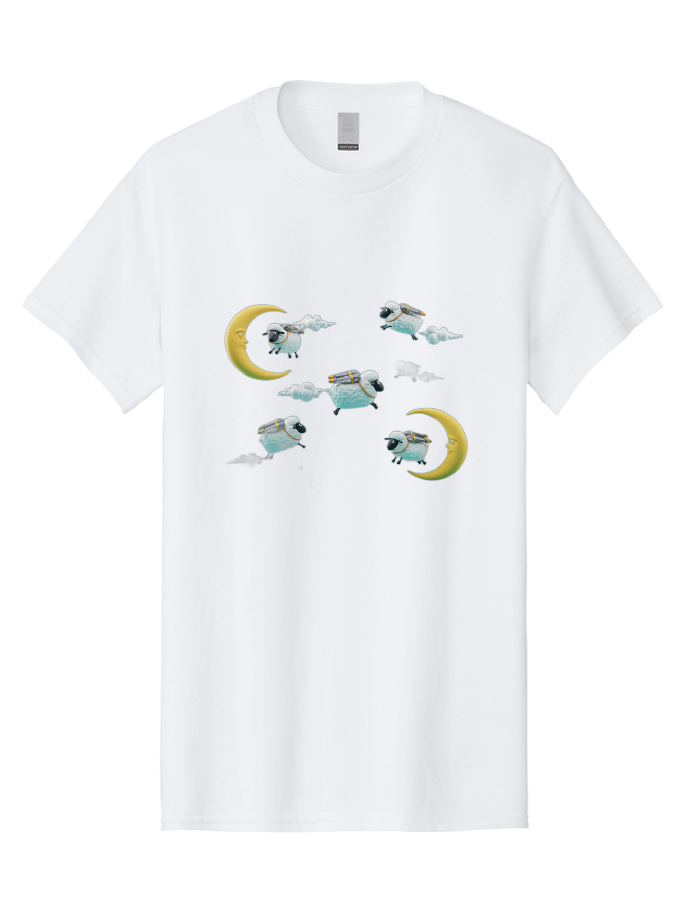 Sheep-On-Crescent-Moon-1 Men'S Graphic Tee, 100% Cotton, Comfortable Casual Summer Wear, Machine Washable, Sheep Flying On Clouds, Crescent Moon, Drums, Fun, Quirky, Cartoon Style, Fantasy Creatures, Playful Design, Dreamy Atmosphere, Bad555