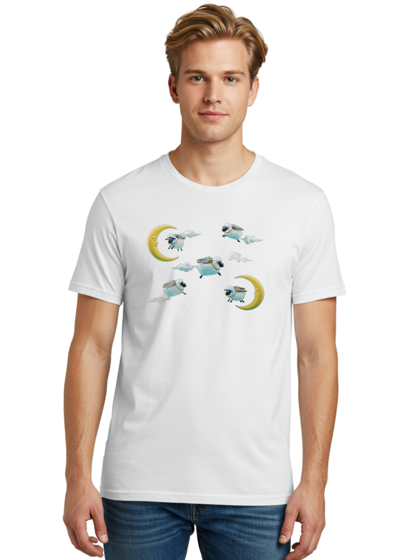 Sheep-On-Crescent-Moon-1 Men'S Graphic Tee, 100% Cotton, Comfortable Casual Summer Wear, Machine Washable, Sheep Flying On Clouds, Crescent Moon, Drums, Fun, Quirky, Cartoon Style, Fantasy Creatures, Playful Design, Dreamy Atmosphere, Bad555
