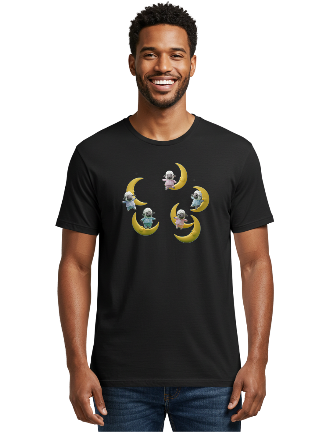 Sheep-On-Crescent-Moon Men'S Graphic Tee, 100% Cotton, Comfortable Casual Summer Wear, Machine Washable, Sheep On Crescent Moon, Cute Sheep, Whimsical Illustration, Playful Design, Childrens Art, Fantasy Scene, Dreamy Atmosphere, Pastel Colors Bad556