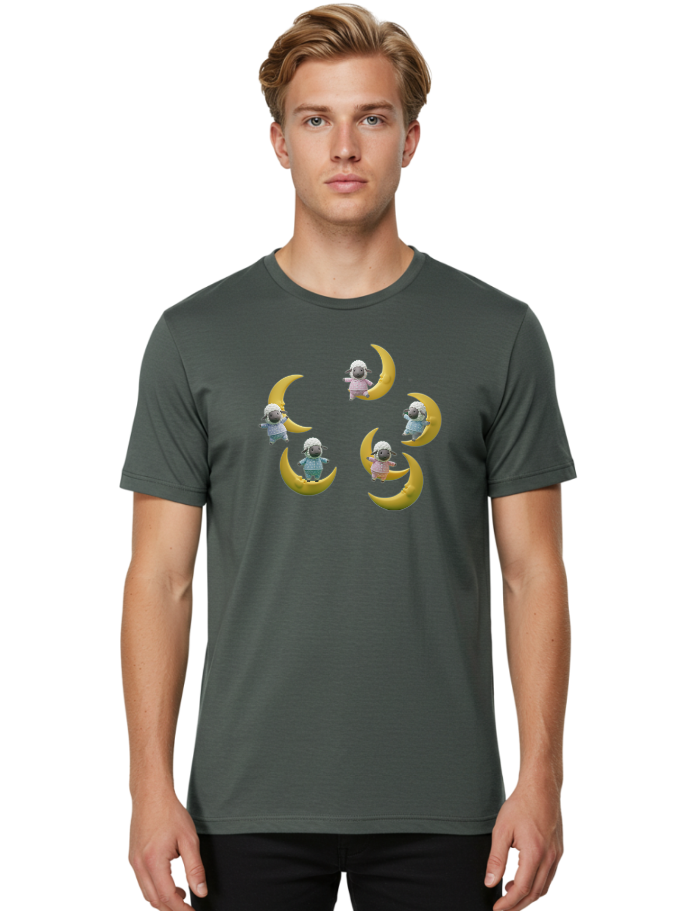 Sheep-On-Crescent-Moon Men'S Graphic Tee, 100% Cotton, Comfortable Casual Summer Wear, Machine Washable, Sheep On Crescent Moon, Cute Sheep, Whimsical Illustration, Playful Design, Childrens Art, Fantasy Scene, Dreamy Atmosphere, Pastel Colors Bad556
