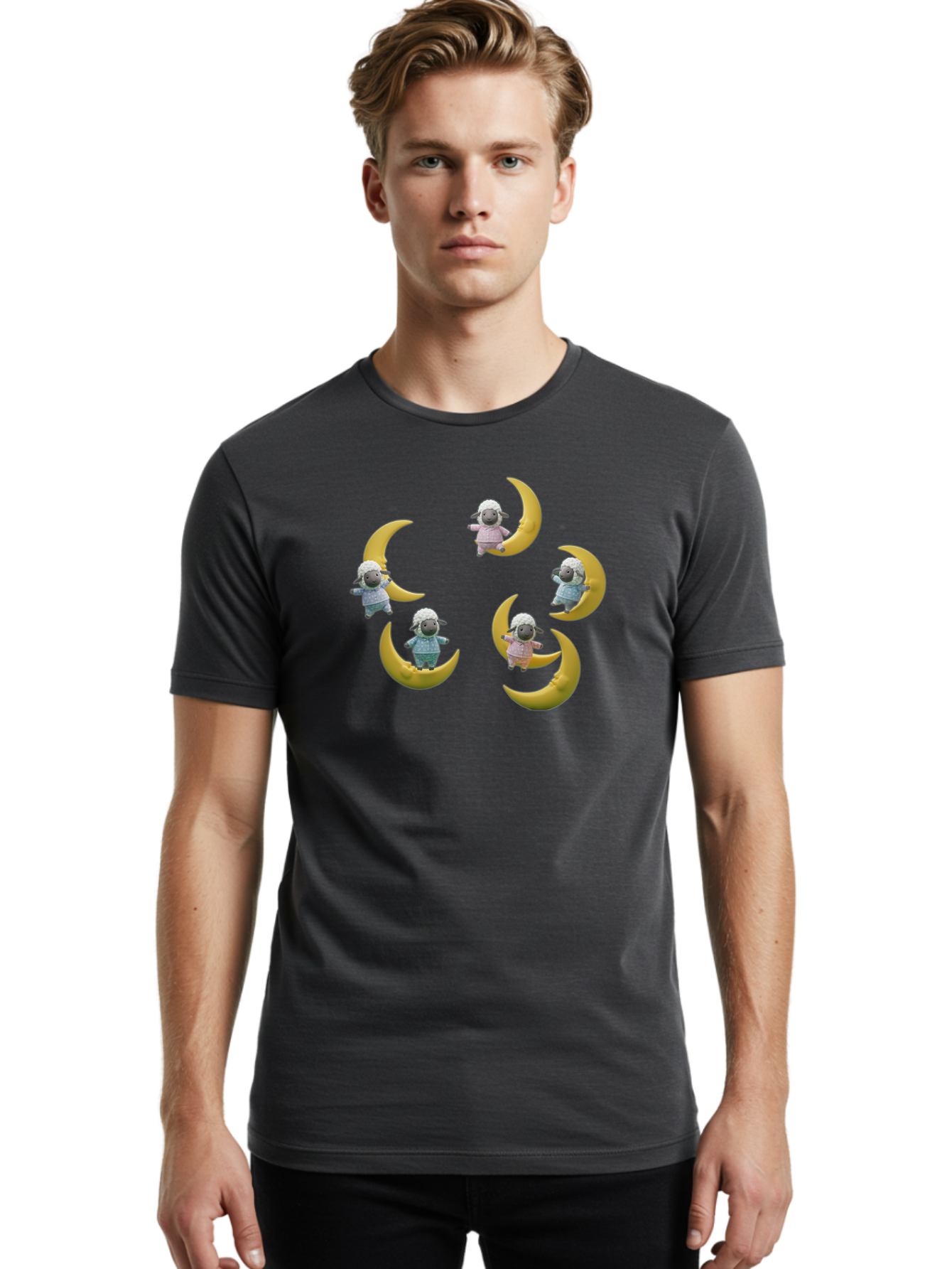 Sheep-On-Crescent-Moon Men'S Graphic Tee, 100% Cotton, Comfortable Casual Summer Wear, Machine Washable, Sheep On Crescent Moon, Cute Sheep, Whimsical Illustration, Playful Design, Childrens Art, Fantasy Scene, Dreamy Atmosphere, Pastel Colors Bad556