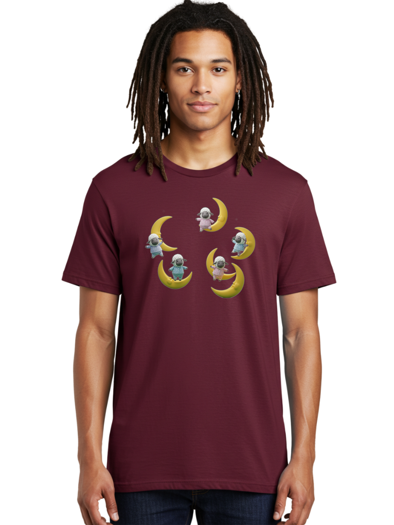 Sheep-On-Crescent-Moon Men'S Graphic Tee, 100% Cotton, Comfortable Casual Summer Wear, Machine Washable, Sheep On Crescent Moon, Cute Sheep, Whimsical Illustration, Playful Design, Childrens Art, Fantasy Scene, Dreamy Atmosphere, Pastel Colors Bad556