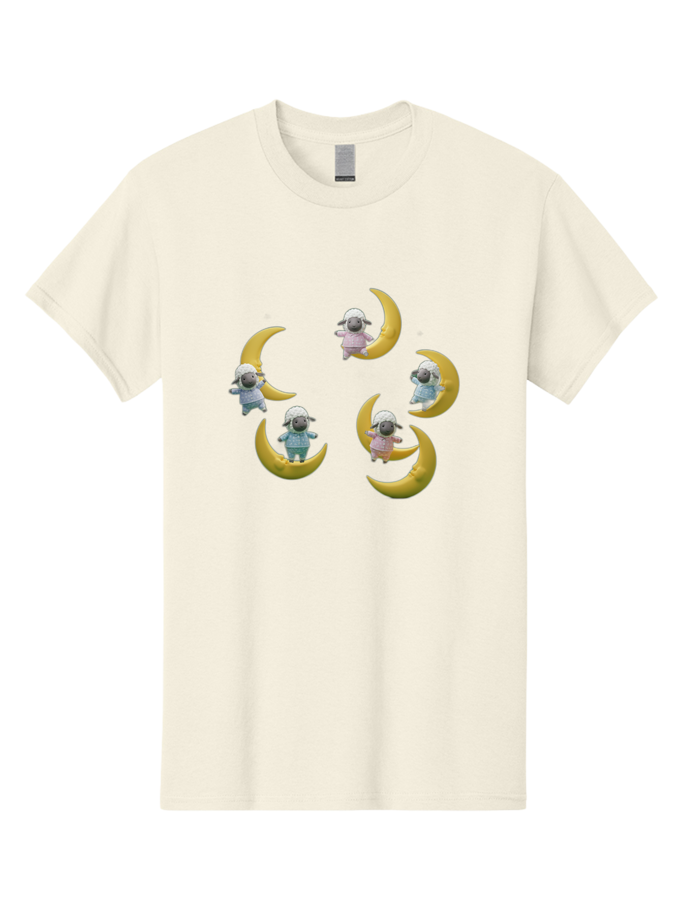 Sheep-On-Crescent-Moon Men'S Graphic Tee, 100% Cotton, Comfortable Casual Summer Wear, Machine Washable, Sheep On Crescent Moon, Cute Sheep, Whimsical Illustration, Playful Design, Childrens Art, Fantasy Scene, Dreamy Atmosphere, Pastel Colors Bad556