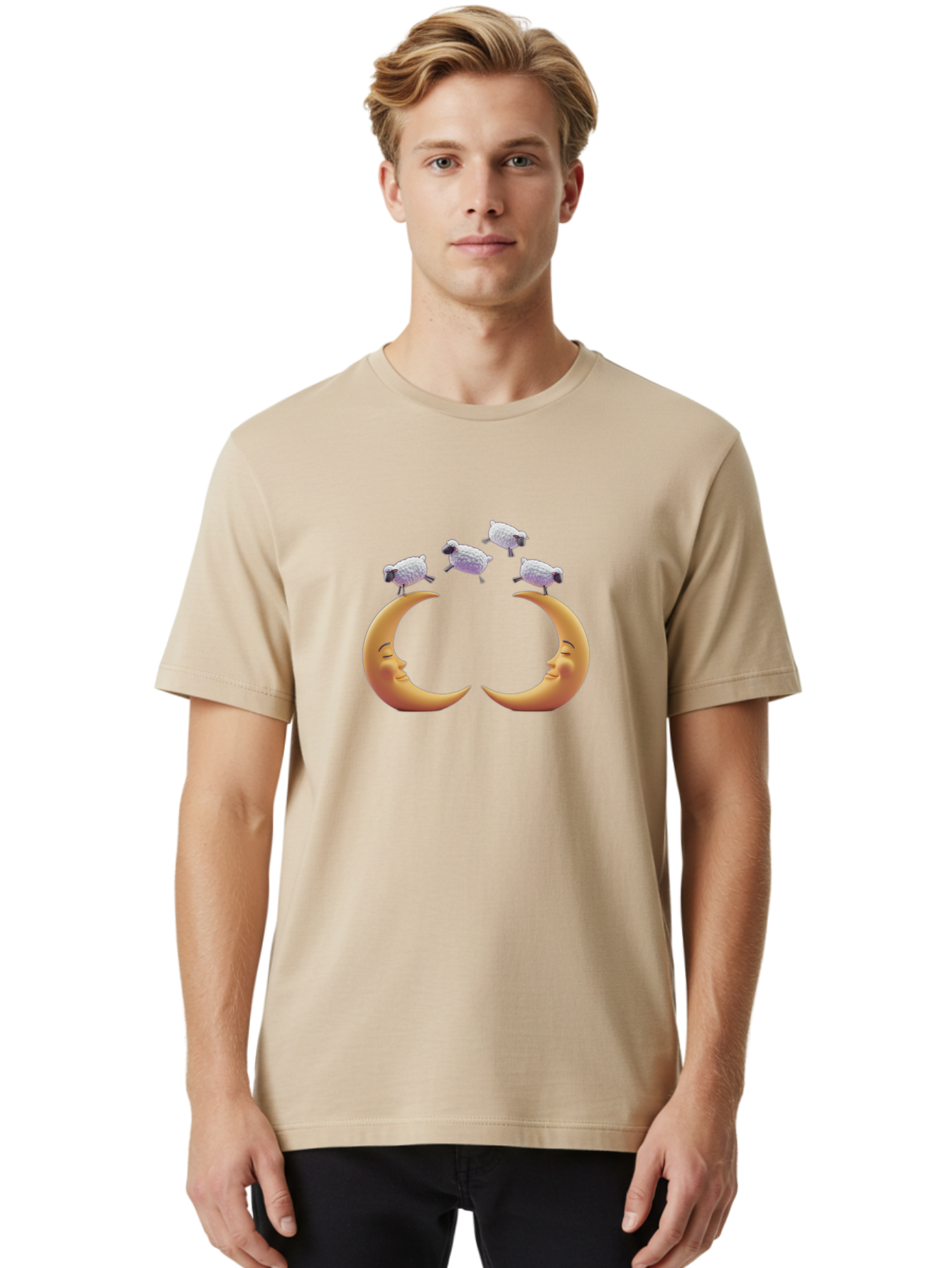Sheep-On-Crescent-Moons Men'S Graphic Tee, 100% Cotton, Comfortable Casual Summer Wear, Machine Washable, Sheep Jumping Over Moon, Cartoon Moon Faces, Whimsical Illustration, Lunar Symbolism, Dreamy Scene, Surreal Art, Moonlight, Bad557