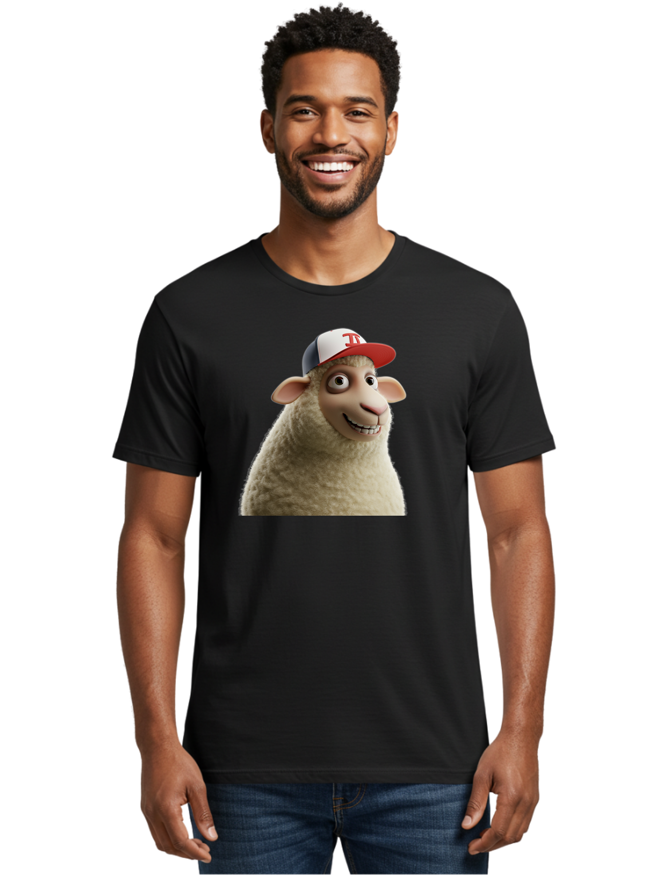 Sheep-Wearing-Baseball-Cap Men'S Graphic Tee, 100% Cotton, Comfortable Casual Summer Wear, Machine Washable, Cartoon Sheep, Sheep Character, Funny Animal, Comedic Cartoon, Baseball Cap, Animated Animal, Humorous Character, White Sheep, Tj Logo Bad558