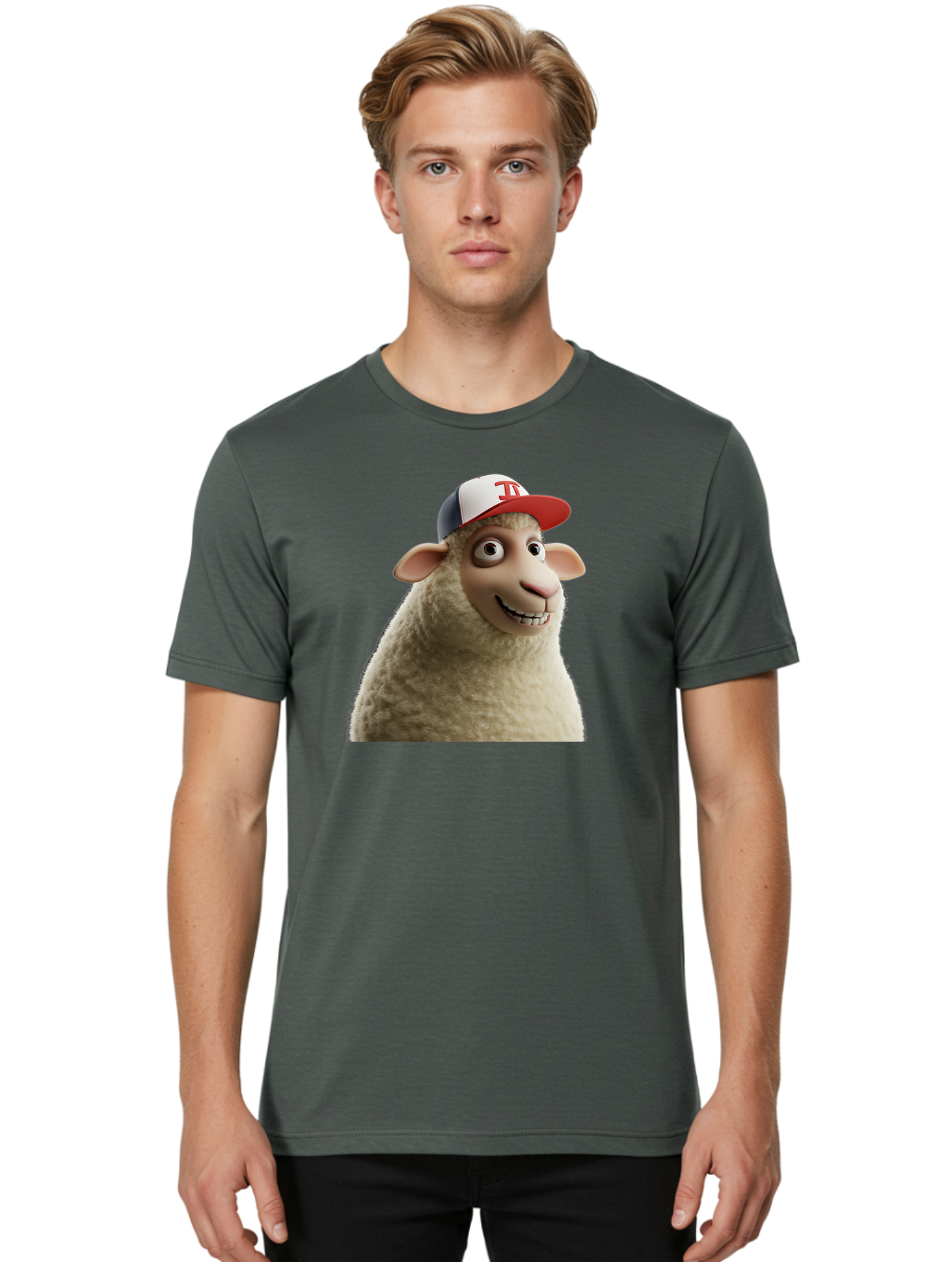 Sheep-Wearing-Baseball-Cap Men'S Graphic Tee, 100% Cotton, Comfortable Casual Summer Wear, Machine Washable, Cartoon Sheep, Sheep Character, Funny Animal, Comedic Cartoon, Baseball Cap, Animated Animal, Humorous Character, White Sheep, Tj Logo Bad558