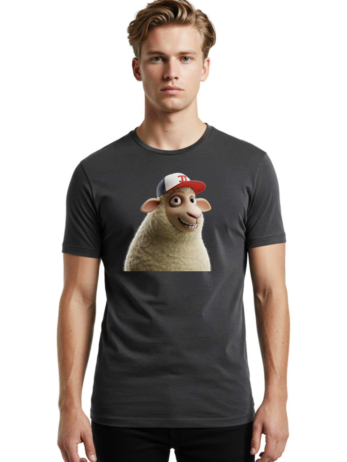 Sheep-Wearing-Baseball-Cap Men'S Graphic Tee, 100% Cotton, Comfortable Casual Summer Wear, Machine Washable, Cartoon Sheep, Sheep Character, Funny Animal, Comedic Cartoon, Baseball Cap, Animated Animal, Humorous Character, White Sheep, Tj Logo Bad558