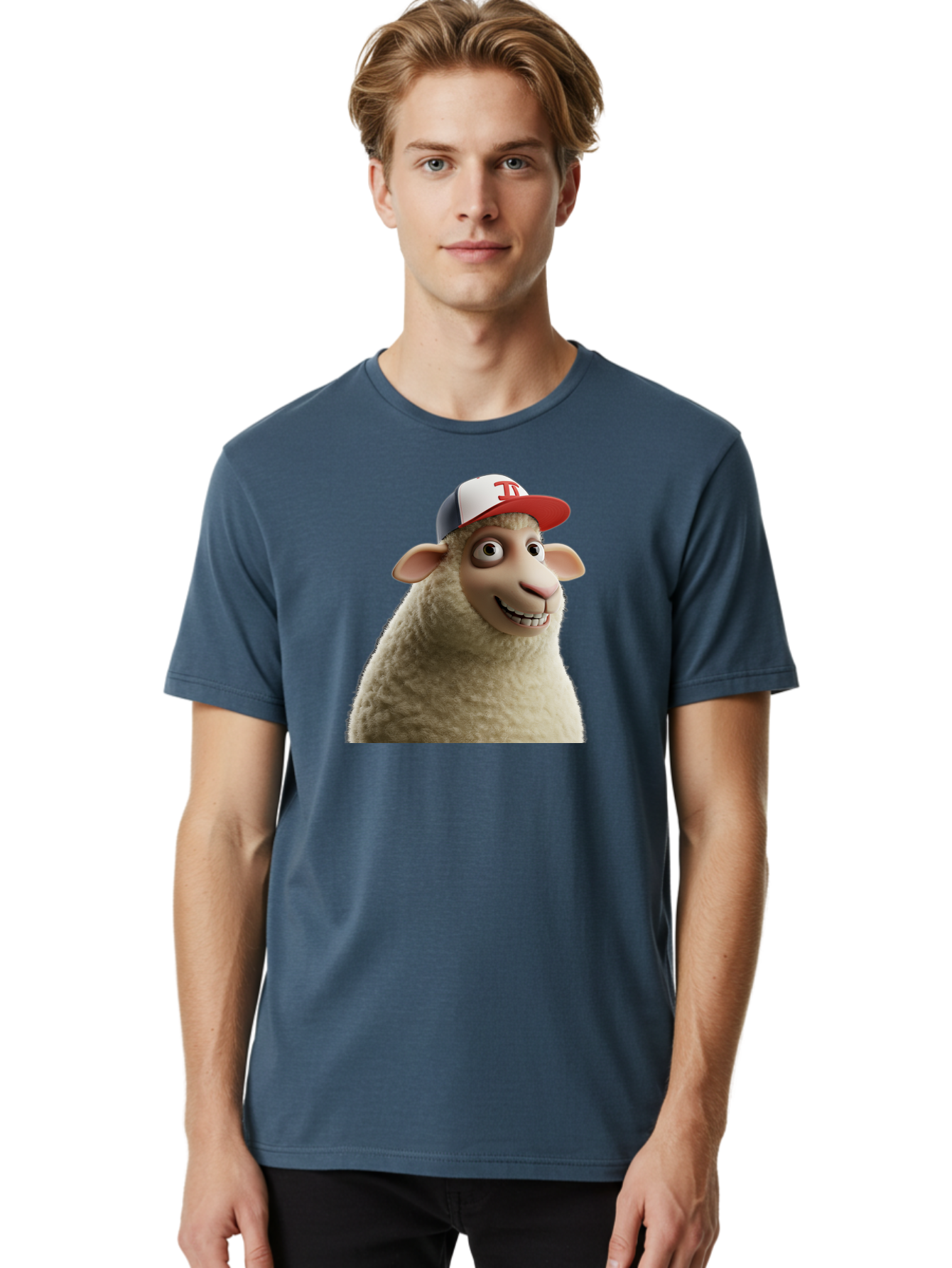 Sheep-Wearing-Baseball-Cap Men'S Graphic Tee, 100% Cotton, Comfortable Casual Summer Wear, Machine Washable, Cartoon Sheep, Sheep Character, Funny Animal, Comedic Cartoon, Baseball Cap, Animated Animal, Humorous Character, White Sheep, Tj Logo Bad558