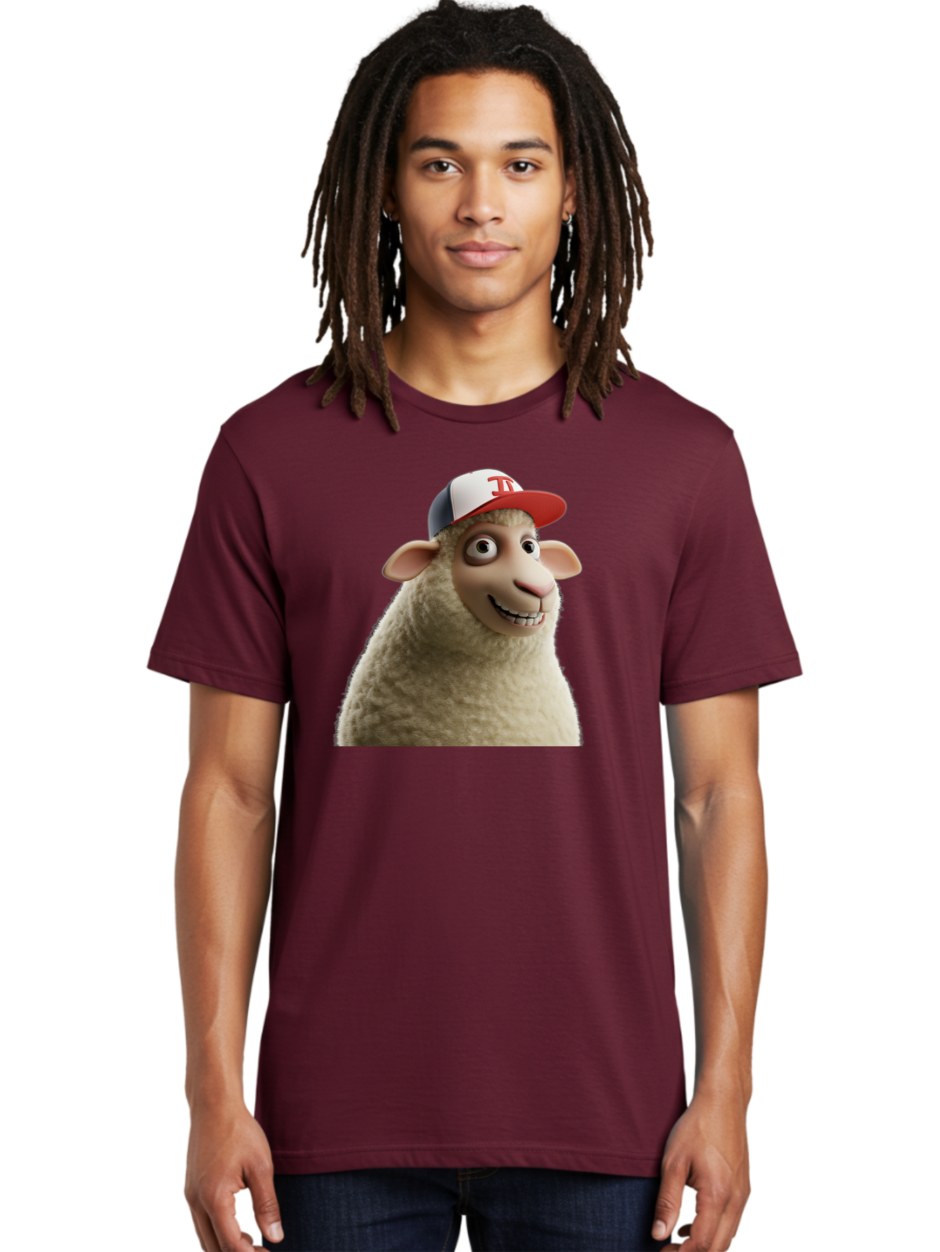 Sheep-Wearing-Baseball-Cap Men'S Graphic Tee, 100% Cotton, Comfortable Casual Summer Wear, Machine Washable, Cartoon Sheep, Sheep Character, Funny Animal, Comedic Cartoon, Baseball Cap, Animated Animal, Humorous Character, White Sheep, Tj Logo Bad558
