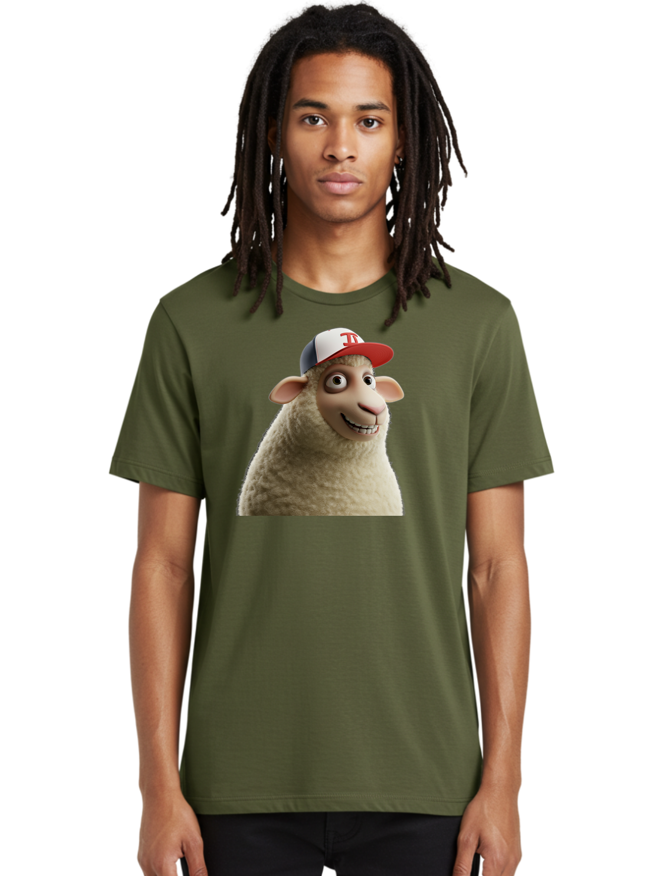 Sheep-Wearing-Baseball-Cap Men'S Graphic Tee, 100% Cotton, Comfortable Casual Summer Wear, Machine Washable, Cartoon Sheep, Sheep Character, Funny Animal, Comedic Cartoon, Baseball Cap, Animated Animal, Humorous Character, White Sheep, Tj Logo Bad558