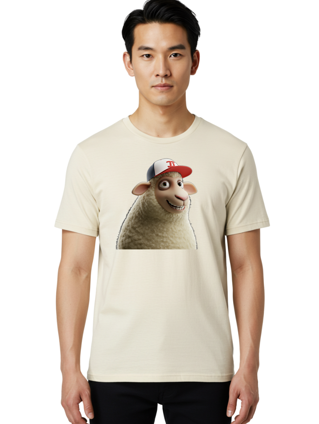 Sheep-Wearing-Baseball-Cap Men'S Graphic Tee, 100% Cotton, Comfortable Casual Summer Wear, Machine Washable, Cartoon Sheep, Sheep Character, Funny Animal, Comedic Cartoon, Baseball Cap, Animated Animal, Humorous Character, White Sheep, Tj Logo Bad558