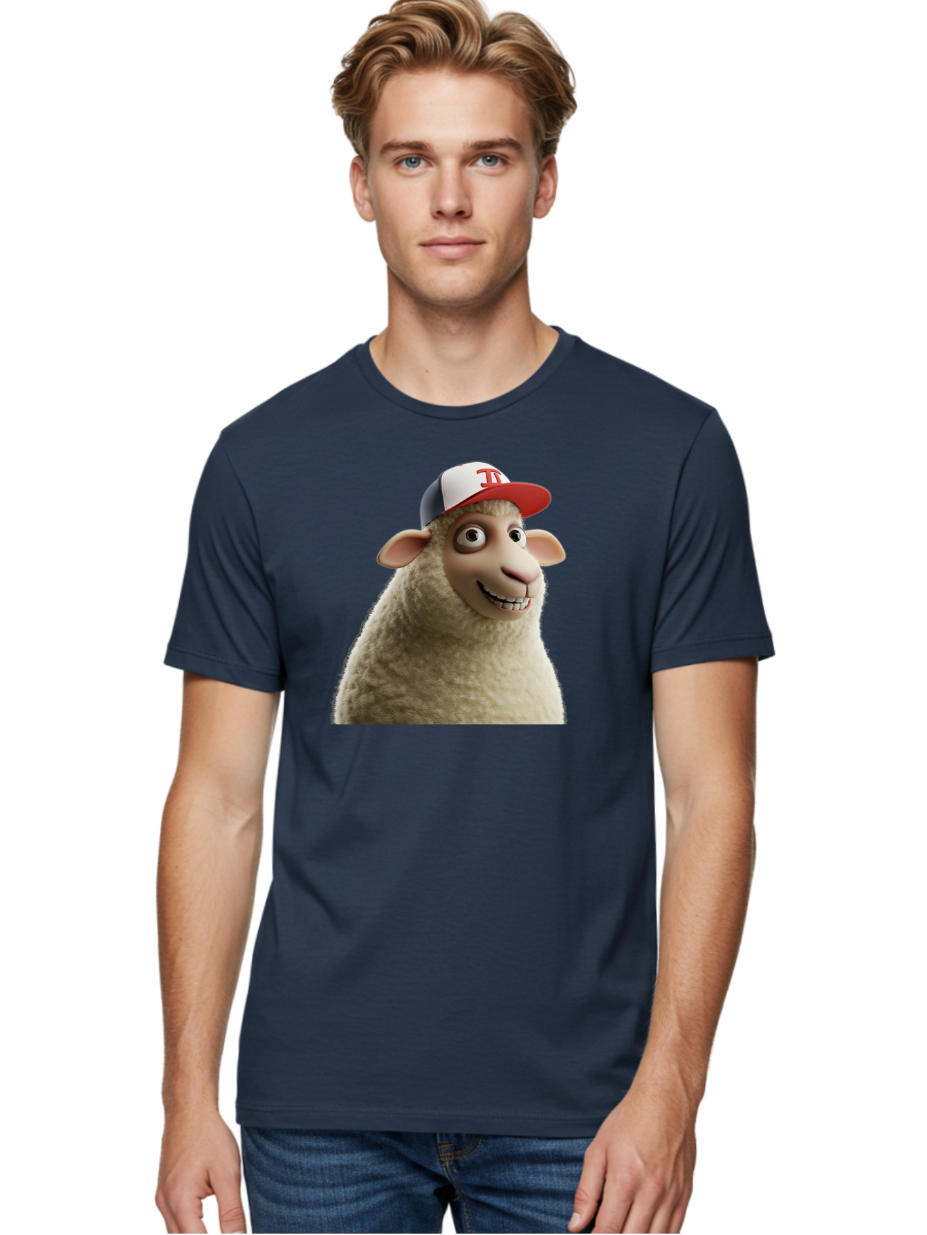 Sheep-Wearing-Baseball-Cap Men'S Graphic Tee, 100% Cotton, Comfortable Casual Summer Wear, Machine Washable, Cartoon Sheep, Sheep Character, Funny Animal, Comedic Cartoon, Baseball Cap, Animated Animal, Humorous Character, White Sheep, Tj Logo Bad558