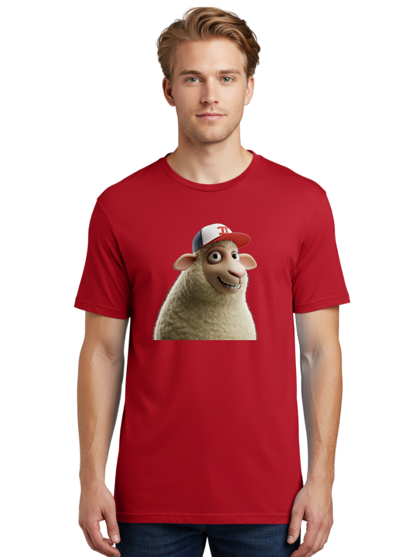 Sheep-Wearing-Baseball-Cap Men'S Graphic Tee, 100% Cotton, Comfortable Casual Summer Wear, Machine Washable, Cartoon Sheep, Sheep Character, Funny Animal, Comedic Cartoon, Baseball Cap, Animated Animal, Humorous Character, White Sheep, Tj Logo Bad558