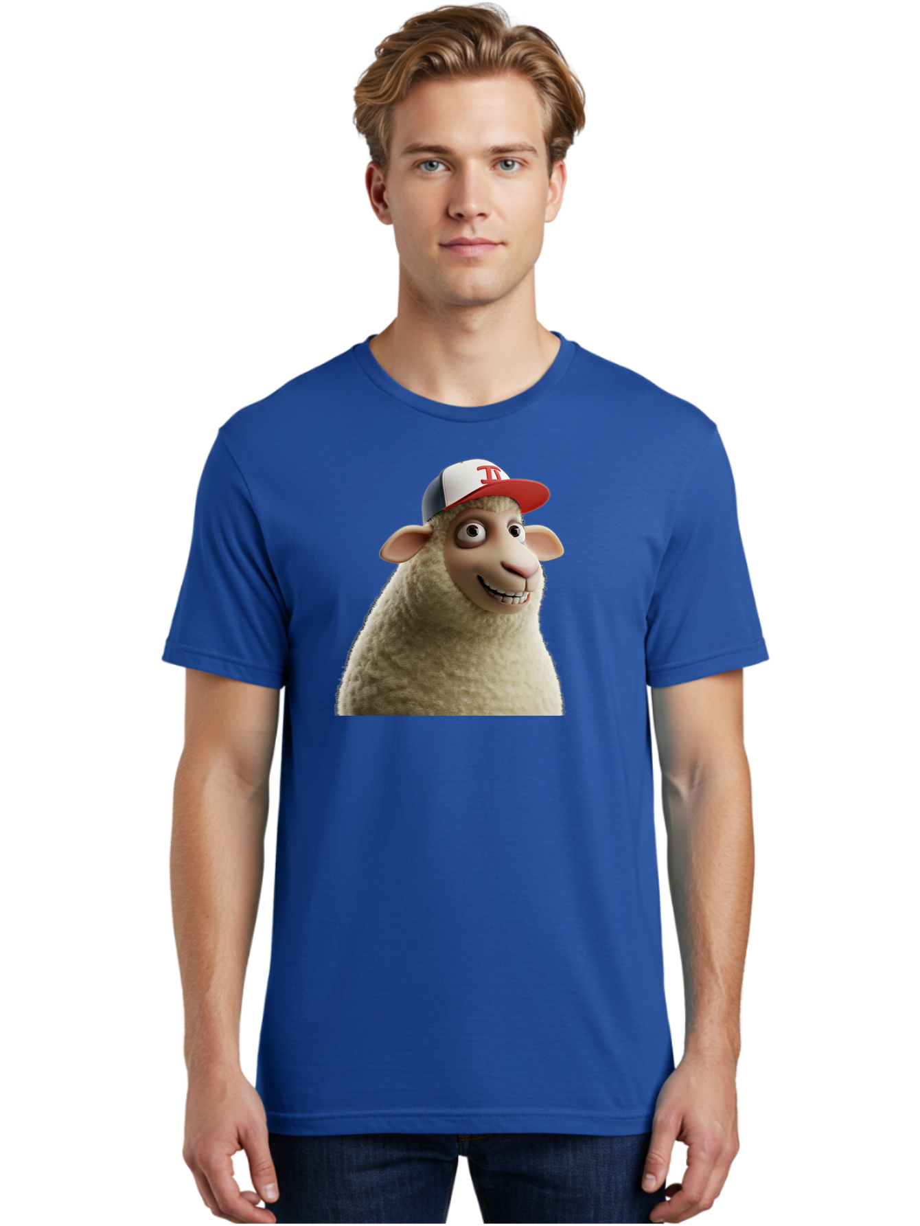 Sheep-Wearing-Baseball-Cap Men'S Graphic Tee, 100% Cotton, Comfortable Casual Summer Wear, Machine Washable, Cartoon Sheep, Sheep Character, Funny Animal, Comedic Cartoon, Baseball Cap, Animated Animal, Humorous Character, White Sheep, Tj Logo Bad558