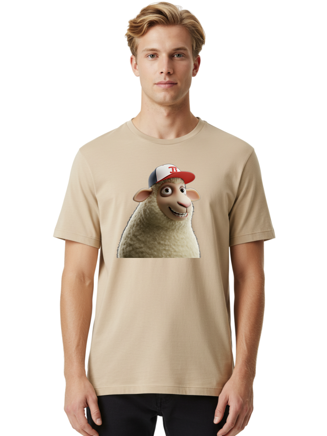 Sheep-Wearing-Baseball-Cap Men'S Graphic Tee, 100% Cotton, Comfortable Casual Summer Wear, Machine Washable, Cartoon Sheep, Sheep Character, Funny Animal, Comedic Cartoon, Baseball Cap, Animated Animal, Humorous Character, White Sheep, Tj Logo Bad558