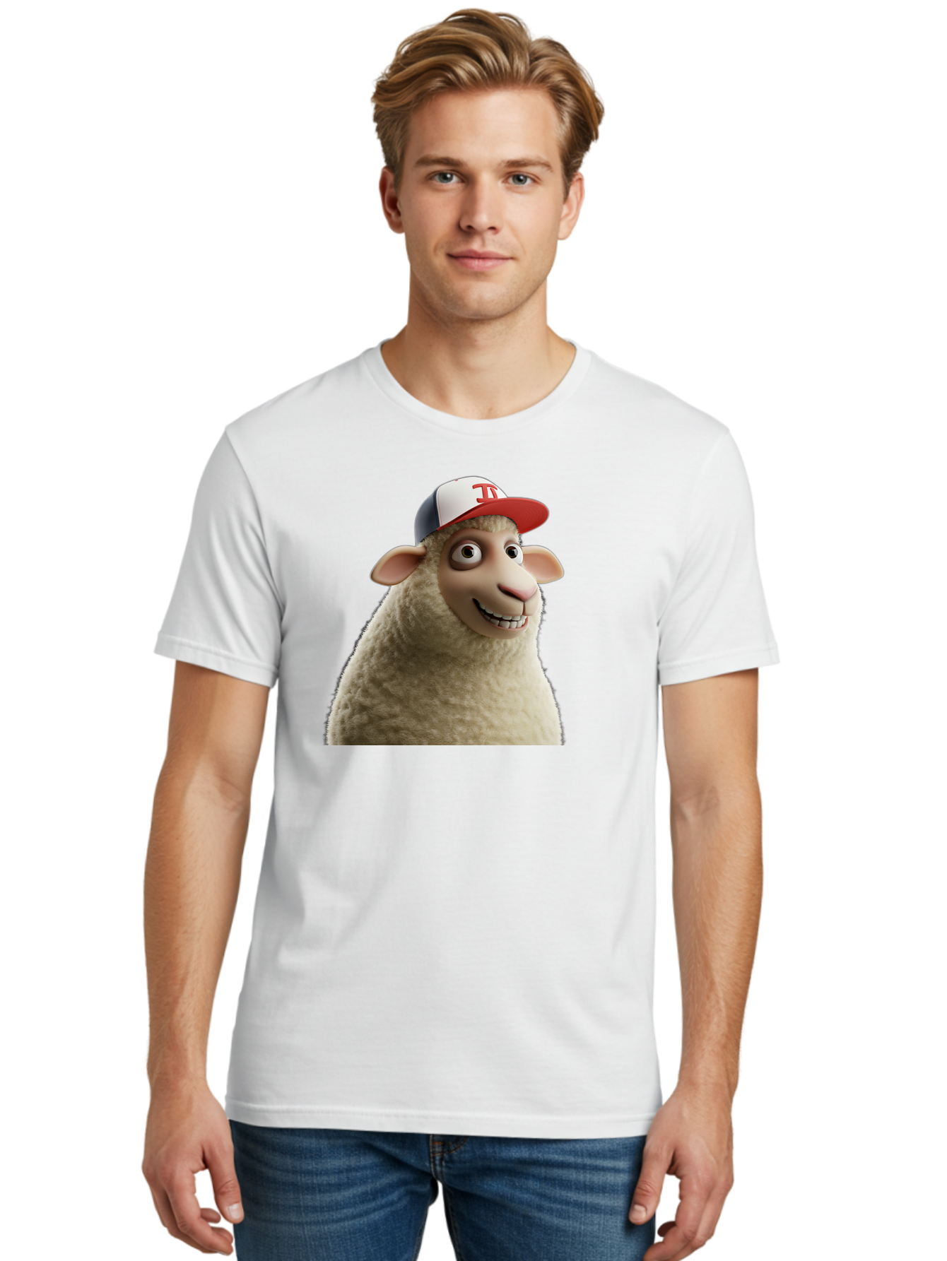 Sheep-Wearing-Baseball-Cap Men'S Graphic Tee, 100% Cotton, Comfortable Casual Summer Wear, Machine Washable, Cartoon Sheep, Sheep Character, Funny Animal, Comedic Cartoon, Baseball Cap, Animated Animal, Humorous Character, White Sheep, Tj Logo Bad558