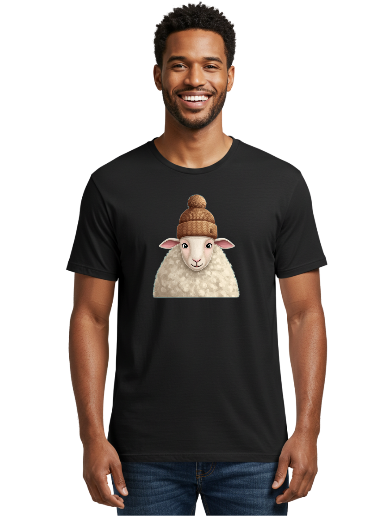 Sheep-With-Beanie Men'S Graphic Tee, 100% Cotton, Comfortable Casual Summer Wear, Machine Washable, Cartoon Sheep, Fluffy Sheep, Sheep Wearing Beanie, Winter Accessories, Cute Animal, Sheep Character, Playful Illustration, Sheep In Hat Bad559