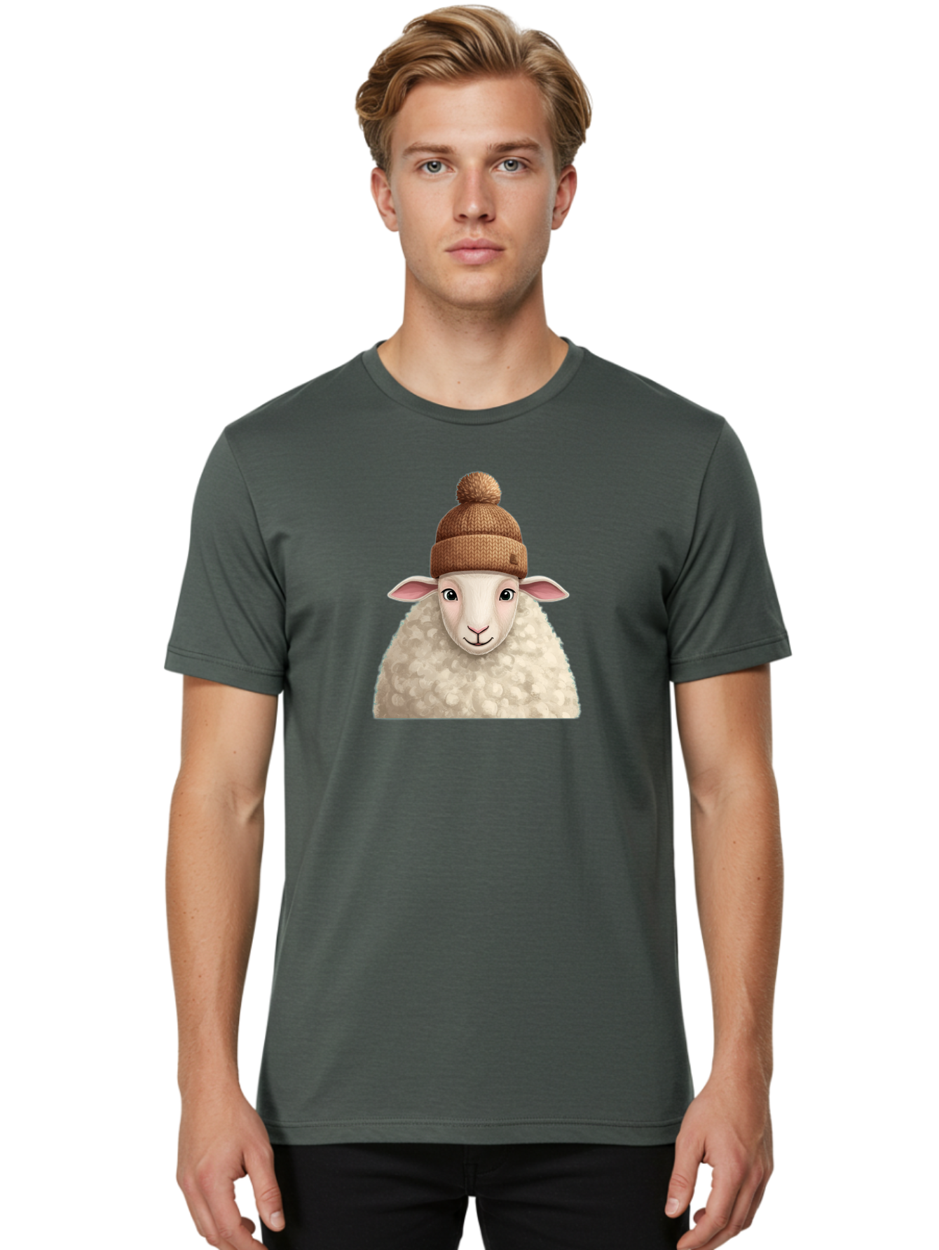 Sheep-With-Beanie Men'S Graphic Tee, 100% Cotton, Comfortable Casual Summer Wear, Machine Washable, Cartoon Sheep, Fluffy Sheep, Sheep Wearing Beanie, Winter Accessories, Cute Animal, Sheep Character, Playful Illustration, Sheep In Hat Bad559