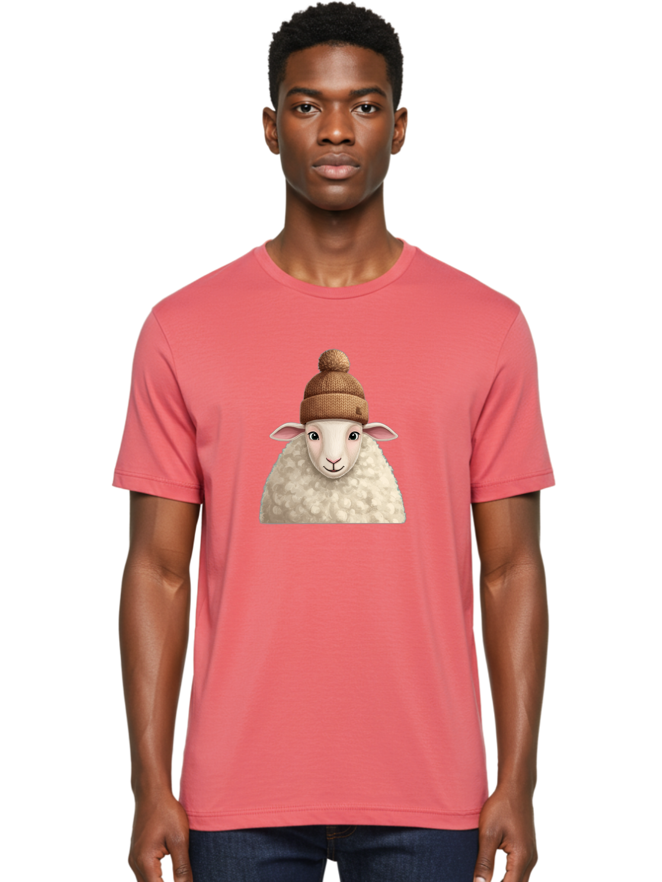 Sheep-With-Beanie Men'S Graphic Tee, 100% Cotton, Comfortable Casual Summer Wear, Machine Washable, Cartoon Sheep, Fluffy Sheep, Sheep Wearing Beanie, Winter Accessories, Cute Animal, Sheep Character, Playful Illustration, Sheep In Hat Bad559