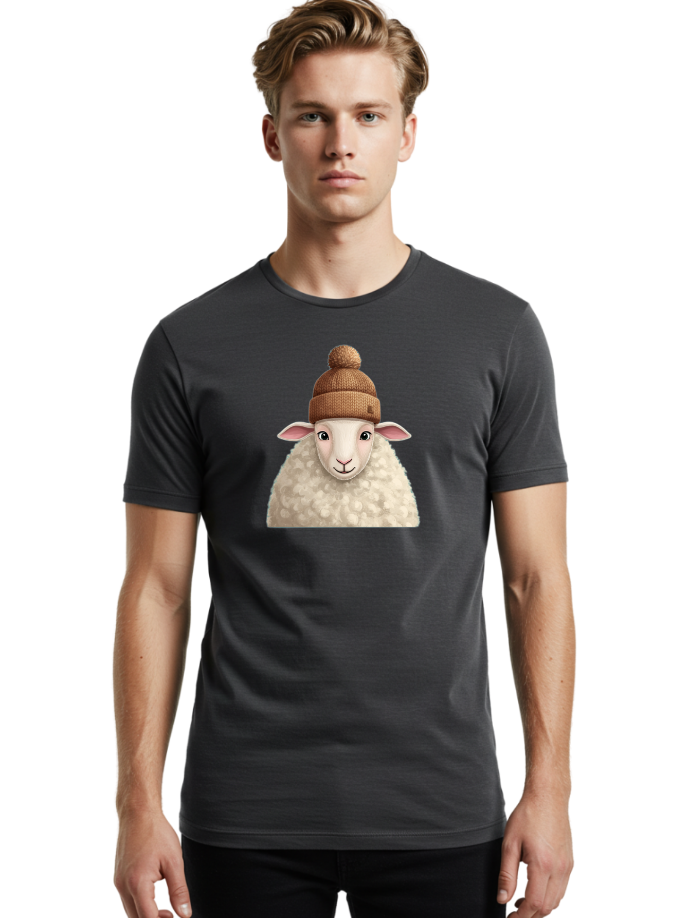Sheep-With-Beanie Men'S Graphic Tee, 100% Cotton, Comfortable Casual Summer Wear, Machine Washable, Cartoon Sheep, Fluffy Sheep, Sheep Wearing Beanie, Winter Accessories, Cute Animal, Sheep Character, Playful Illustration, Sheep In Hat Bad559
