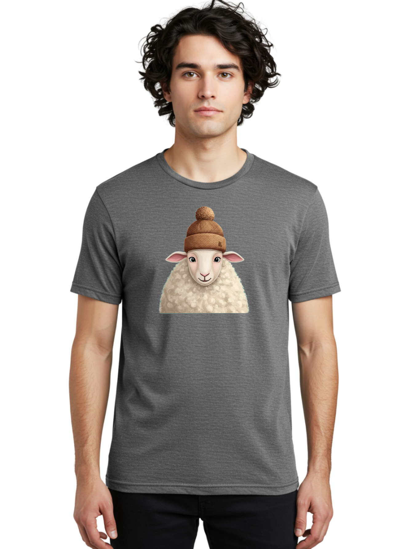 Sheep-With-Beanie Men'S Graphic Tee, 100% Cotton, Comfortable Casual Summer Wear, Machine Washable, Cartoon Sheep, Fluffy Sheep, Sheep Wearing Beanie, Winter Accessories, Cute Animal, Sheep Character, Playful Illustration, Sheep In Hat Bad559