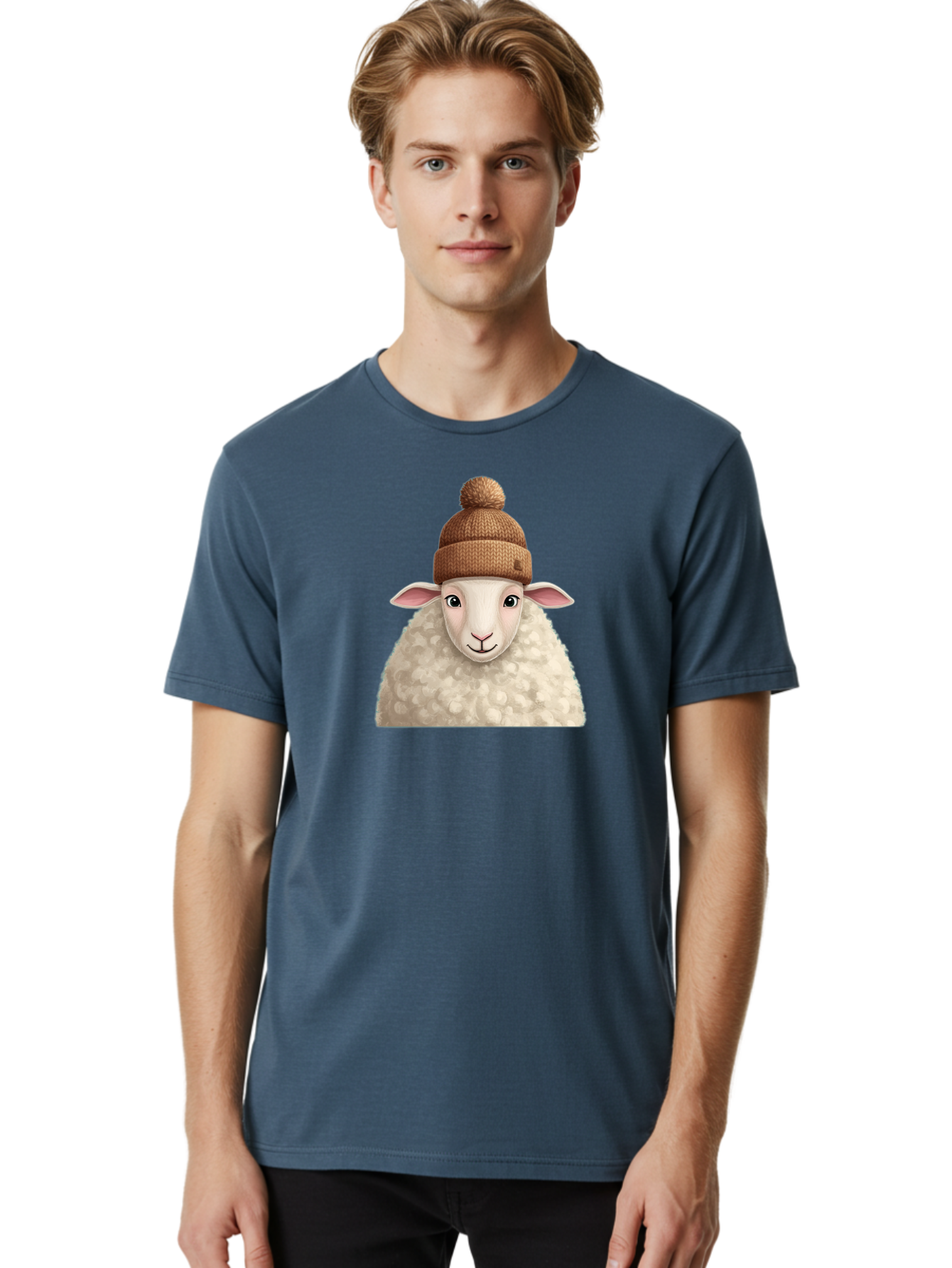 Sheep-With-Beanie Men'S Graphic Tee, 100% Cotton, Comfortable Casual Summer Wear, Machine Washable, Cartoon Sheep, Fluffy Sheep, Sheep Wearing Beanie, Winter Accessories, Cute Animal, Sheep Character, Playful Illustration, Sheep In Hat Bad559