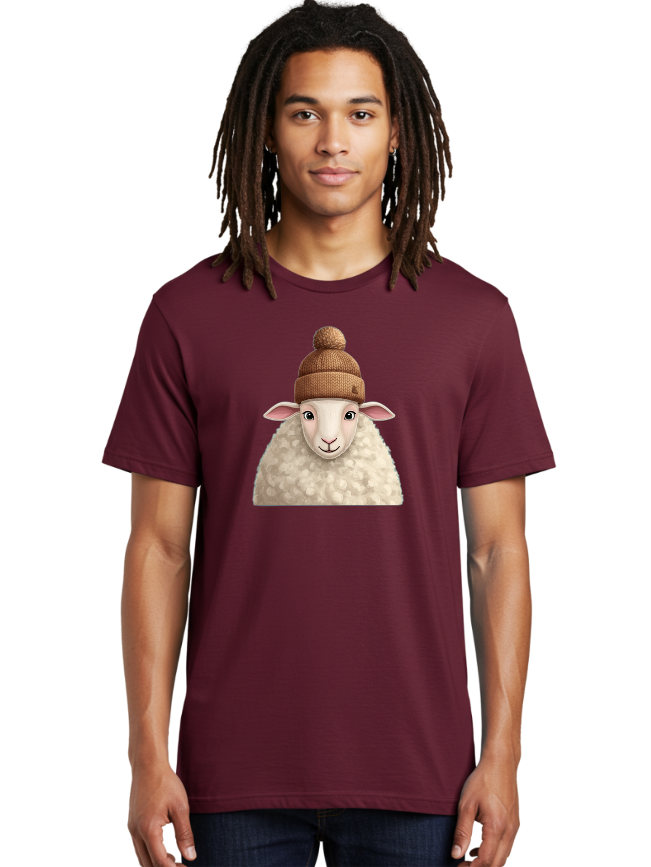 Sheep-With-Beanie Men'S Graphic Tee, 100% Cotton, Comfortable Casual Summer Wear, Machine Washable, Cartoon Sheep, Fluffy Sheep, Sheep Wearing Beanie, Winter Accessories, Cute Animal, Sheep Character, Playful Illustration, Sheep In Hat Bad559