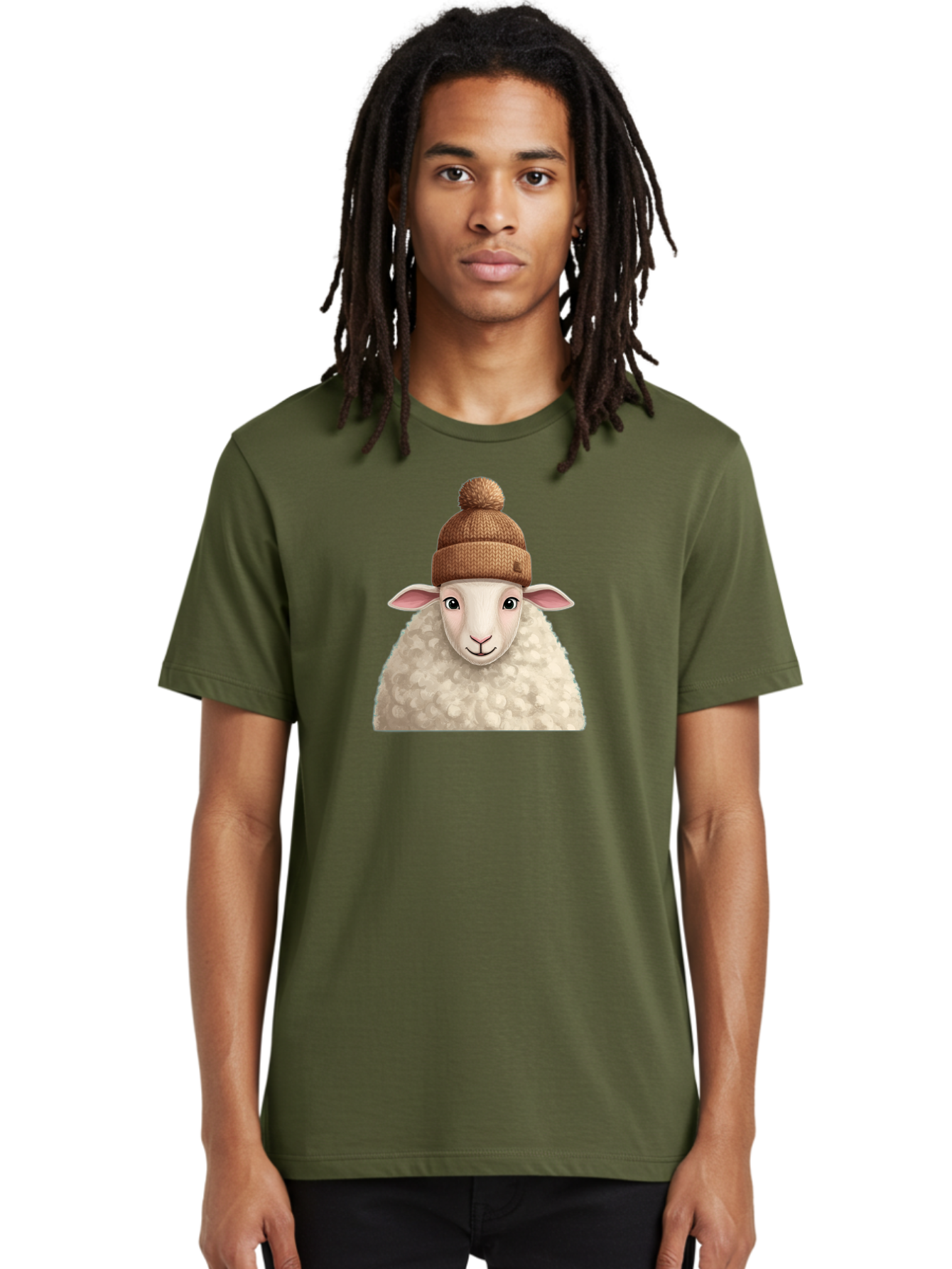 Sheep-With-Beanie Men'S Graphic Tee, 100% Cotton, Comfortable Casual Summer Wear, Machine Washable, Cartoon Sheep, Fluffy Sheep, Sheep Wearing Beanie, Winter Accessories, Cute Animal, Sheep Character, Playful Illustration, Sheep In Hat Bad559